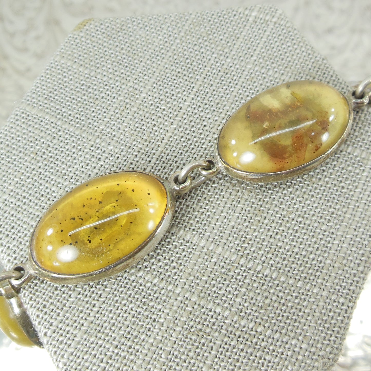 Mexico 925 Sterling Silver Amber Cabochon Link Bracelet  Estate Jewelry