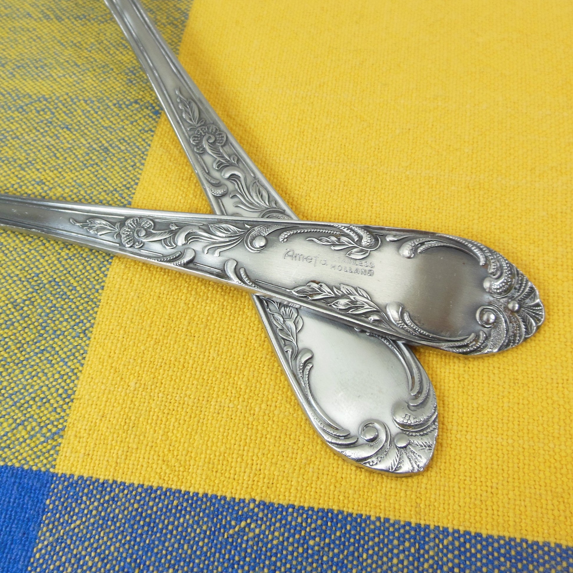 Amefa Holland AFS1 Stainless Flatware Scroll Handle - 2 Serving Spoons Vintage Used