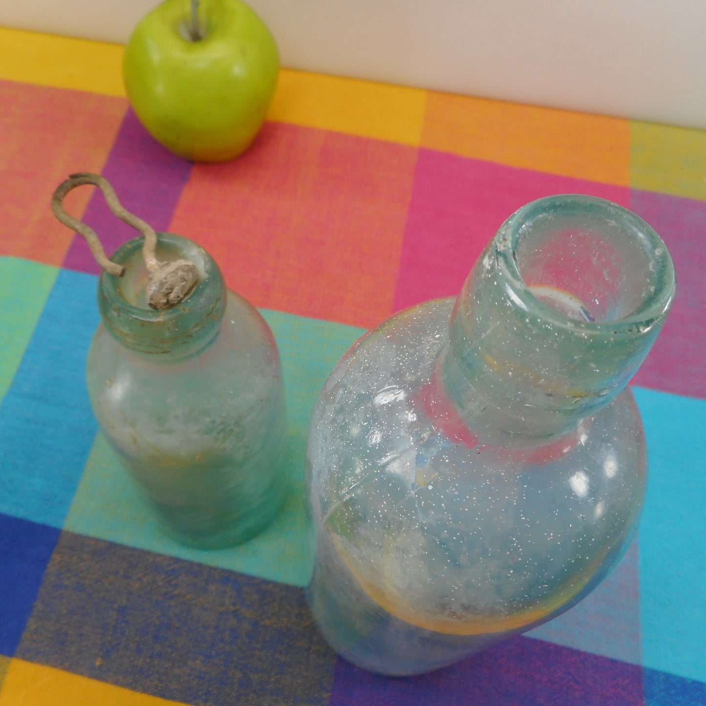 Antique Aqua Glass Bottles - F.W. Muller Arlington Heights Ill. Soda - DR SBH& Co. PR Tonic Medicinal Blown Blob