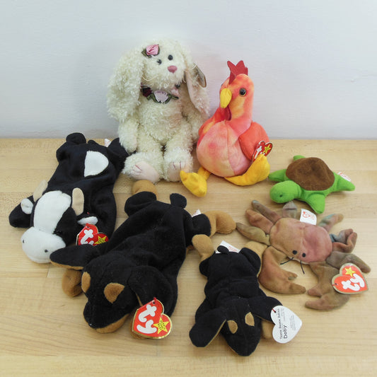 Ty Beanie Baby Estate Lot 7 Animals - Crab Dogs Cow Rooster Rabbit Turtle