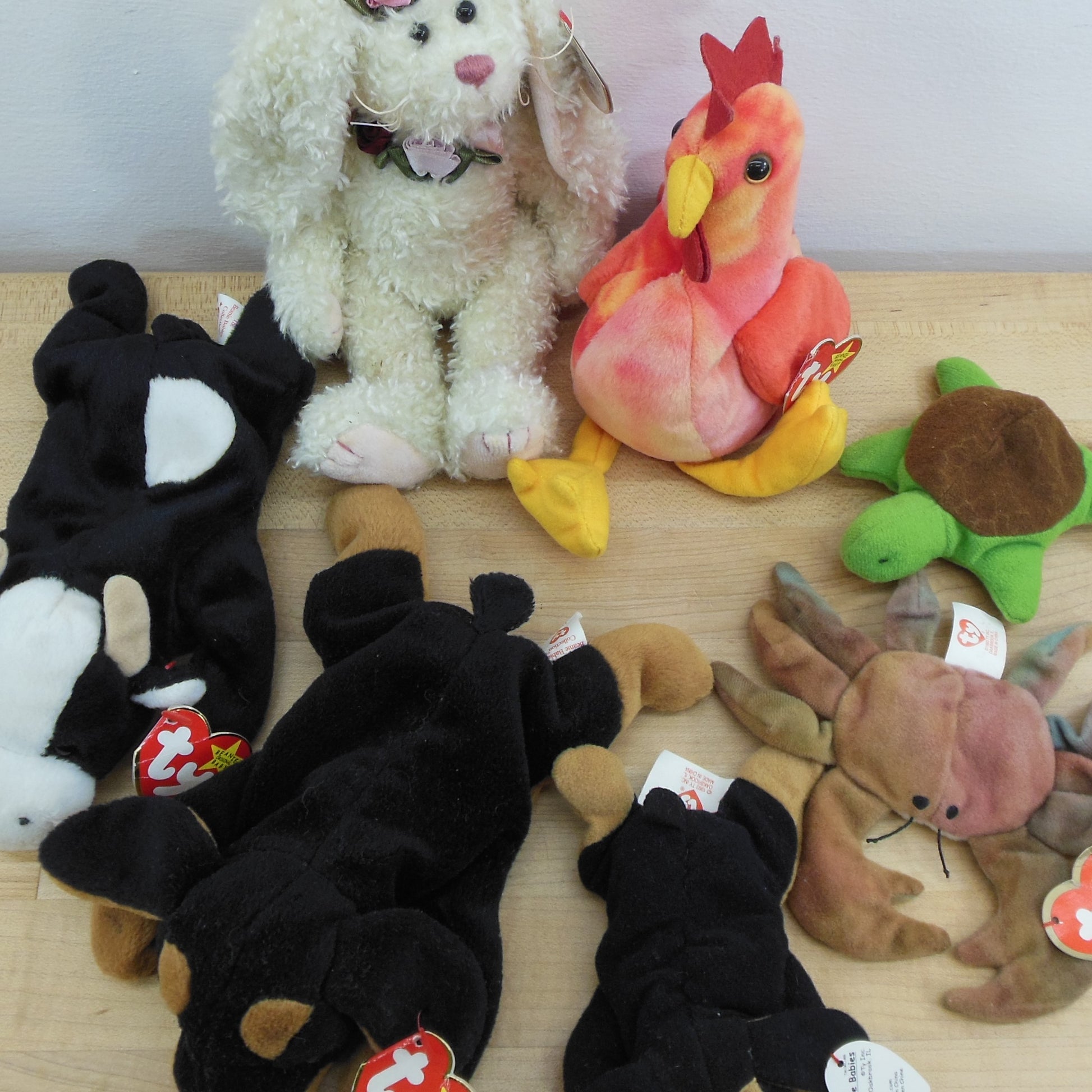 Ty Beanie Baby Estate Lot 7 Animals - Crab Dogs Cow Rooster Rabbit Turtle Vintage