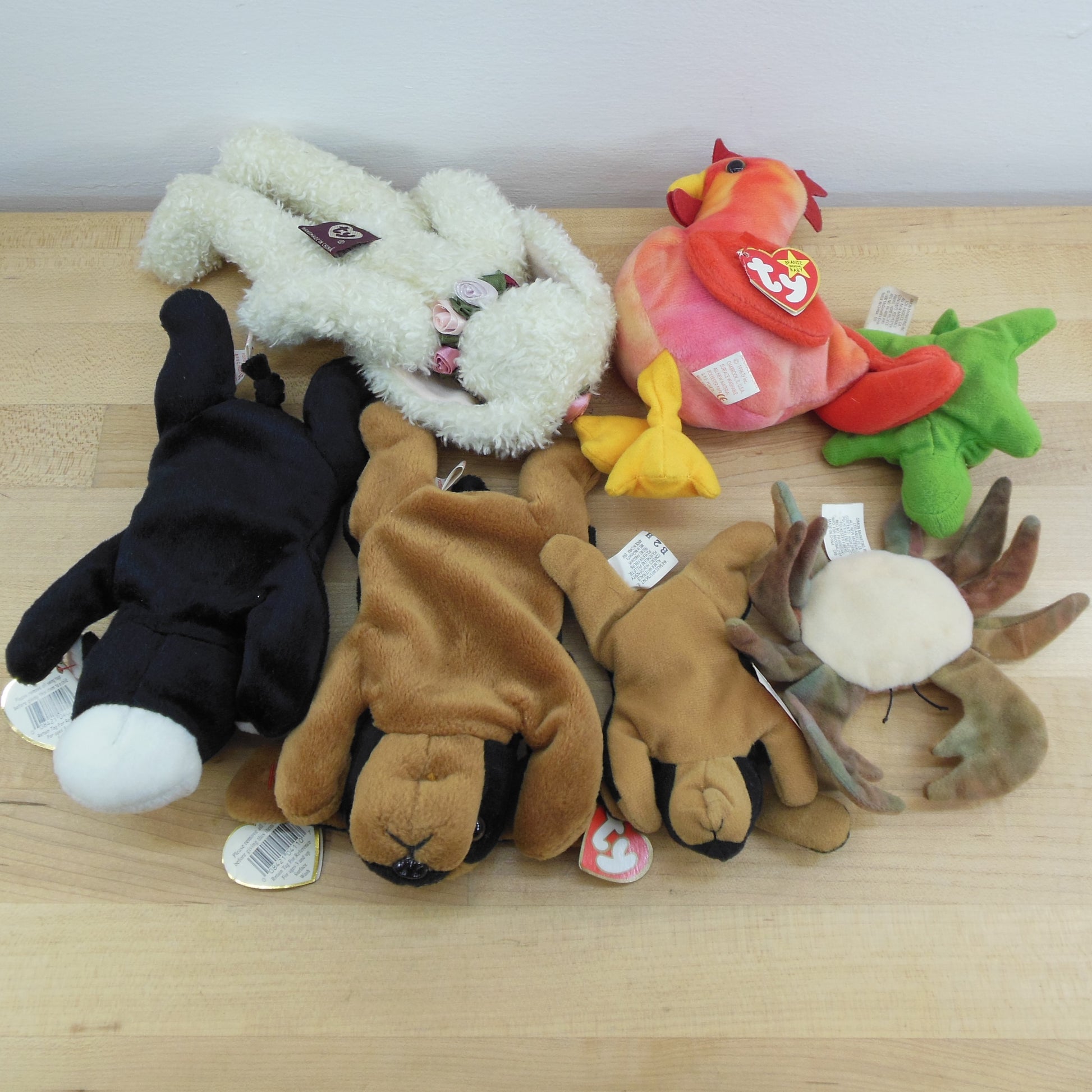 Ty Beanie Baby Estate Lot 7 Animals - Crab Dogs Cow Rooster Rabbit Turtle used