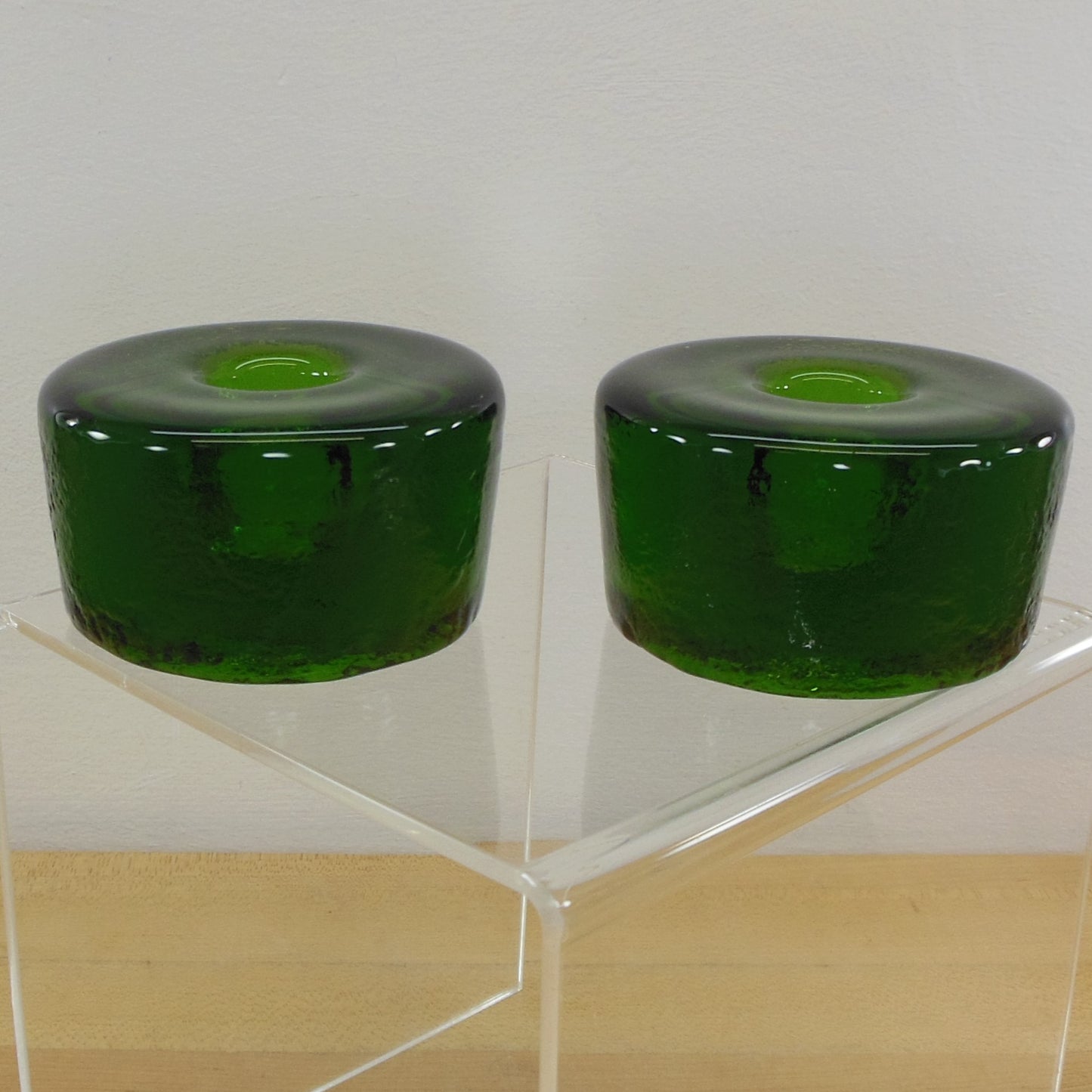 Blenko Glass Pair 990A Green Round Puck Candle Holders