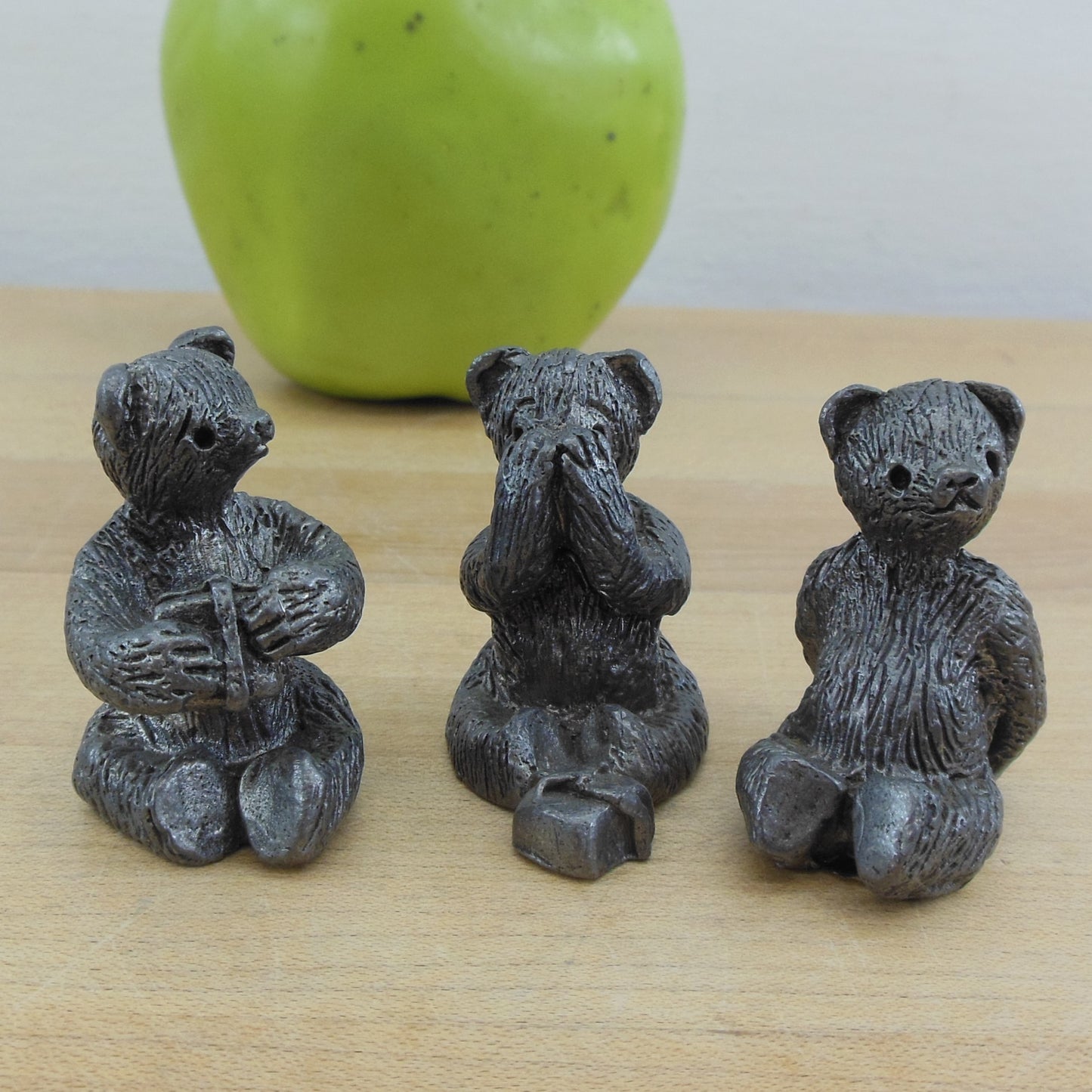 Handcrafted Pewter Miniature Bears and Wrapped Present