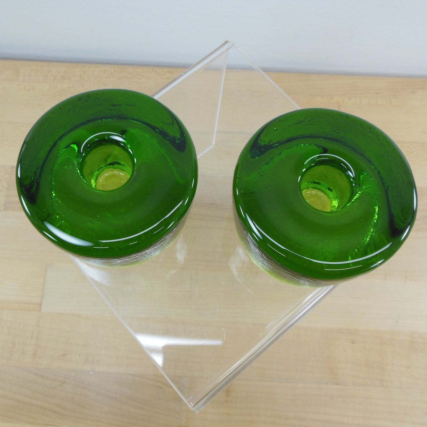 Blenko Glass Pair 990A Green Round Puck Candle Holders Vintage