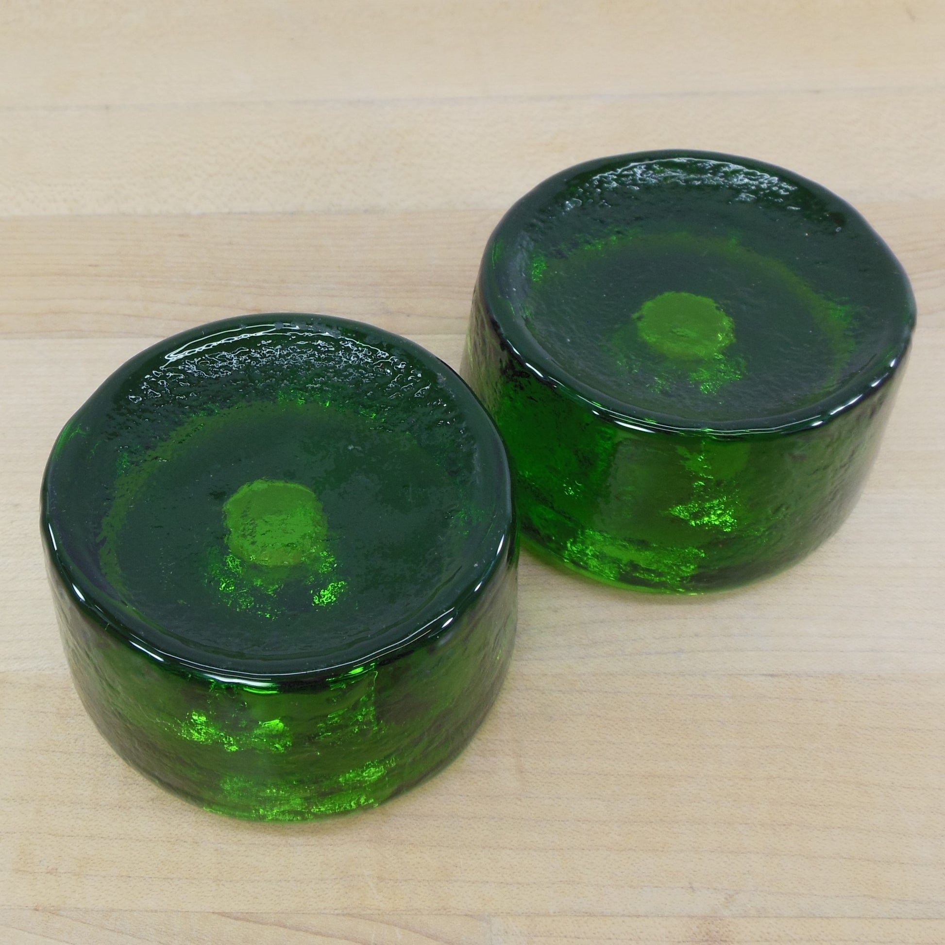 Blenko Glass Pair 990A Green Round Puck Candle Holders Used