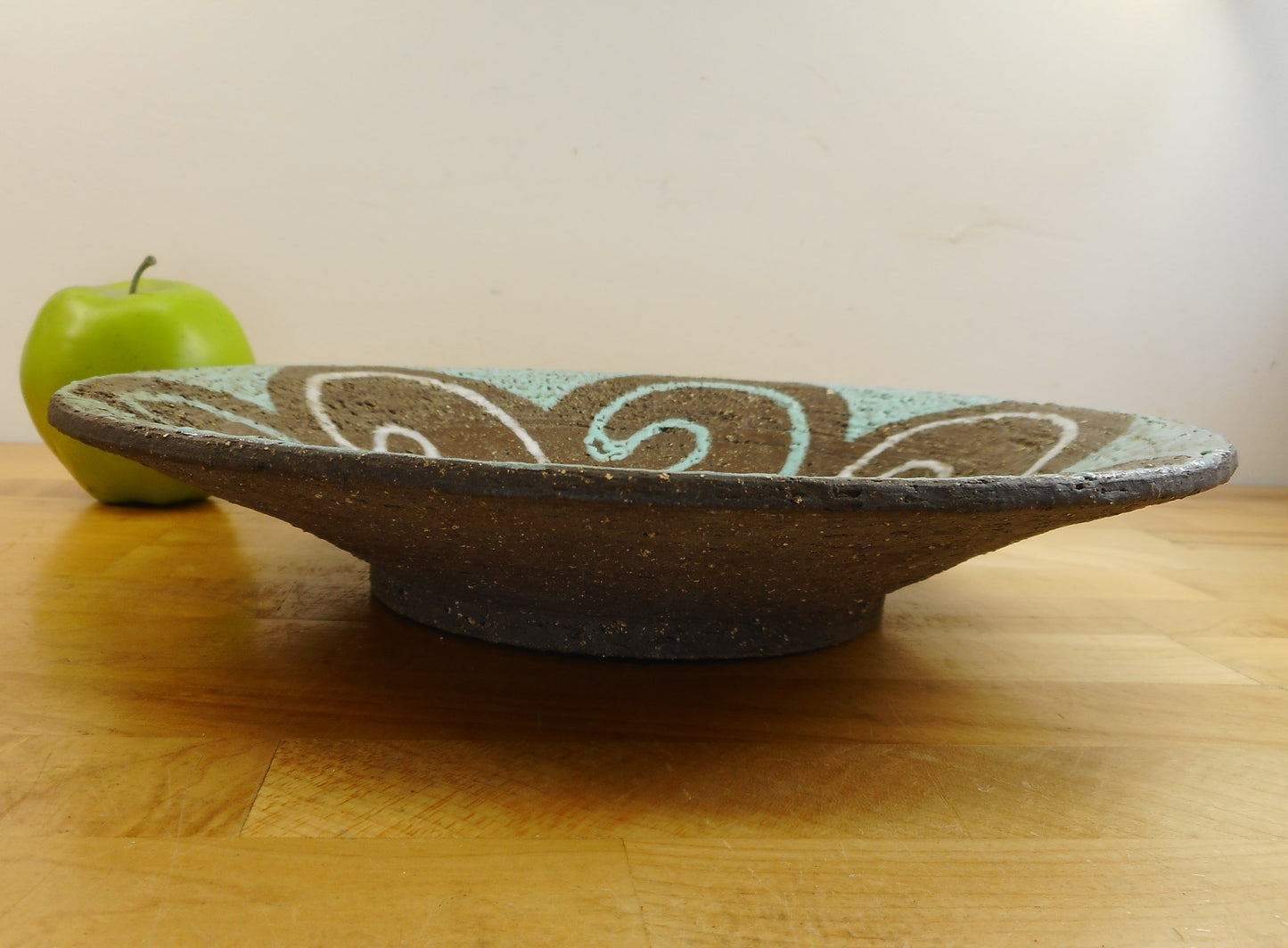 Signed Pottery 12" Bowl Coarse Sand Lava Brown Clay Turquoise White Vintage Mid Century 12"