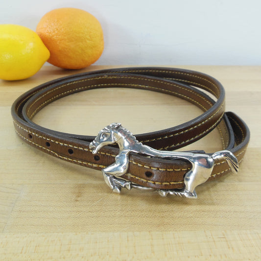 Galloping Horse Silver Buckle Double Stitched Leather Rein Belt Cowgirl