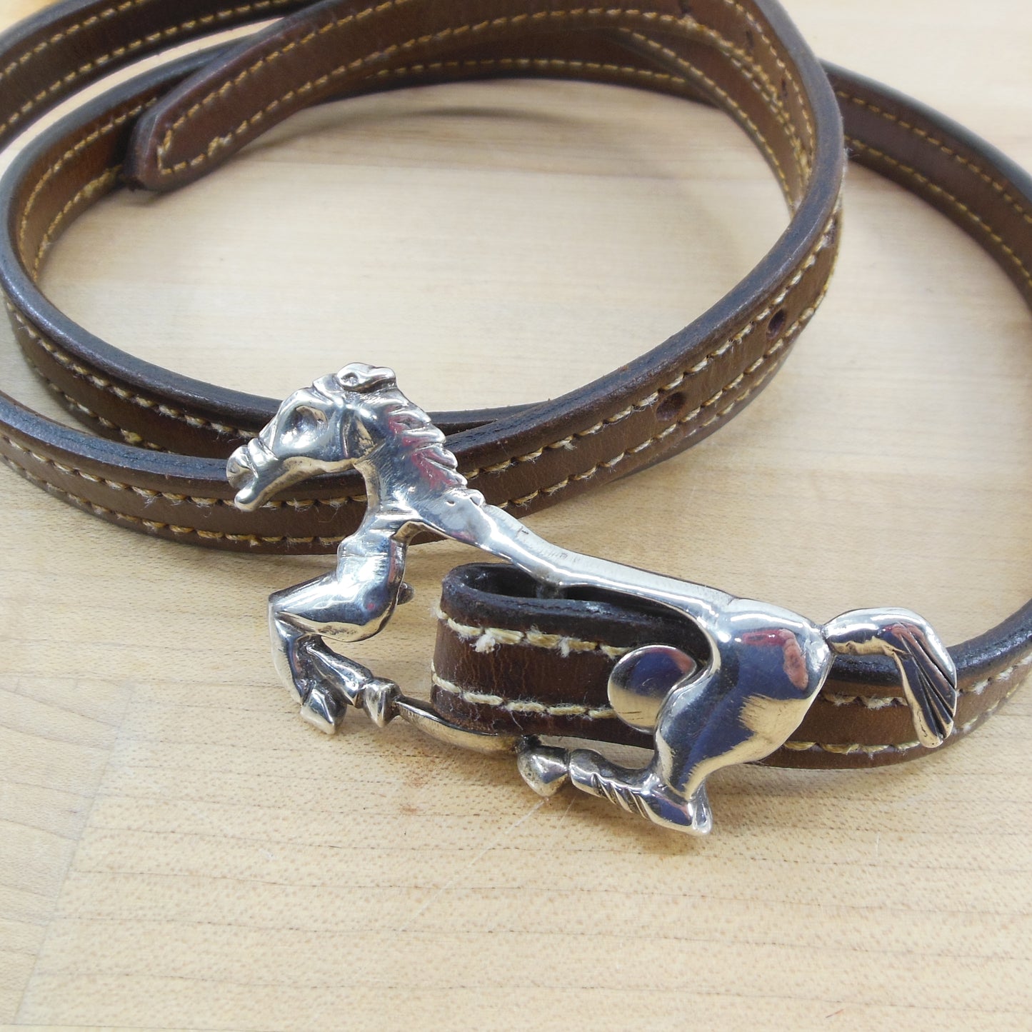 Galloping Horse Silver Buckle Double Stitched Leather Rein Belt Cowgirl Vintage Unbranded