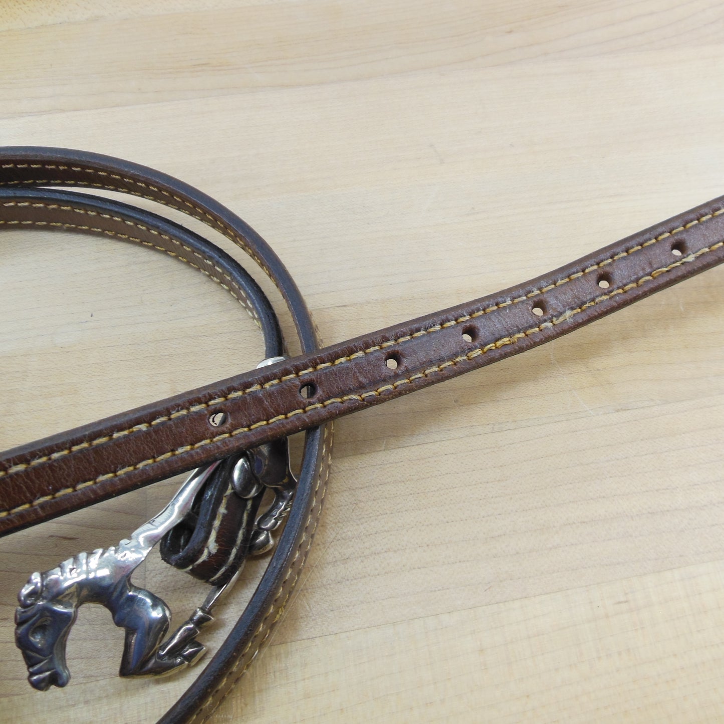 Galloping Horse Silver Buckle Double Stitched Leather Rein Belt Cowgirl Large Women's