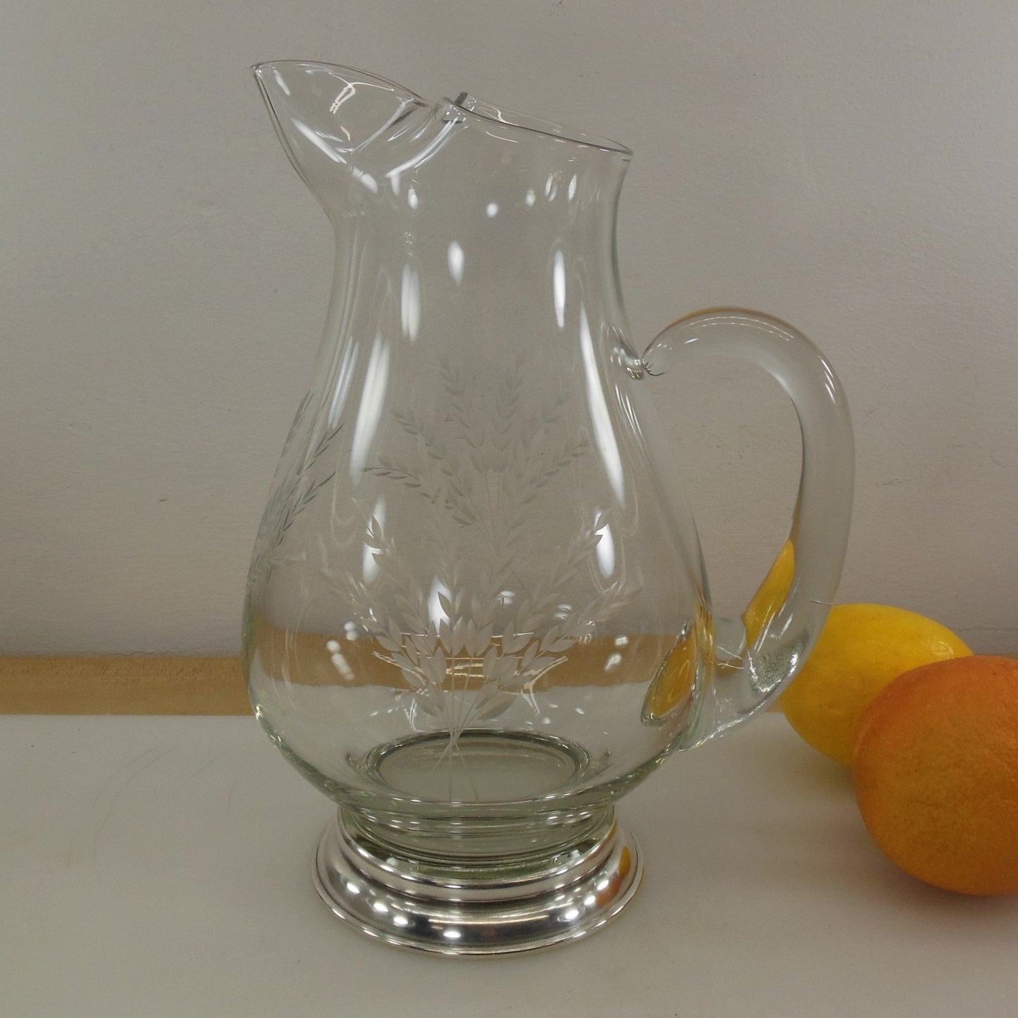 B-I Sterling Silver Base Cut Glass Water Serving Pitcher Wheat Sheaths Vintage