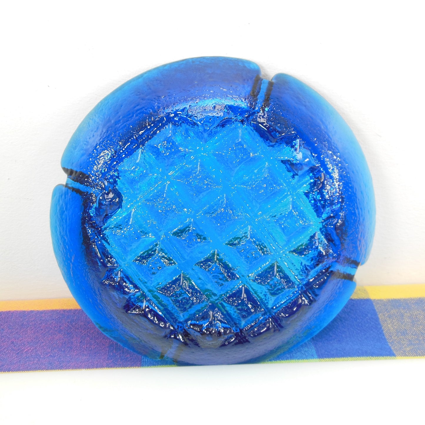 Blenko Glass 1969 Blue Turquoise Waffle Ashtray 697S Chunky