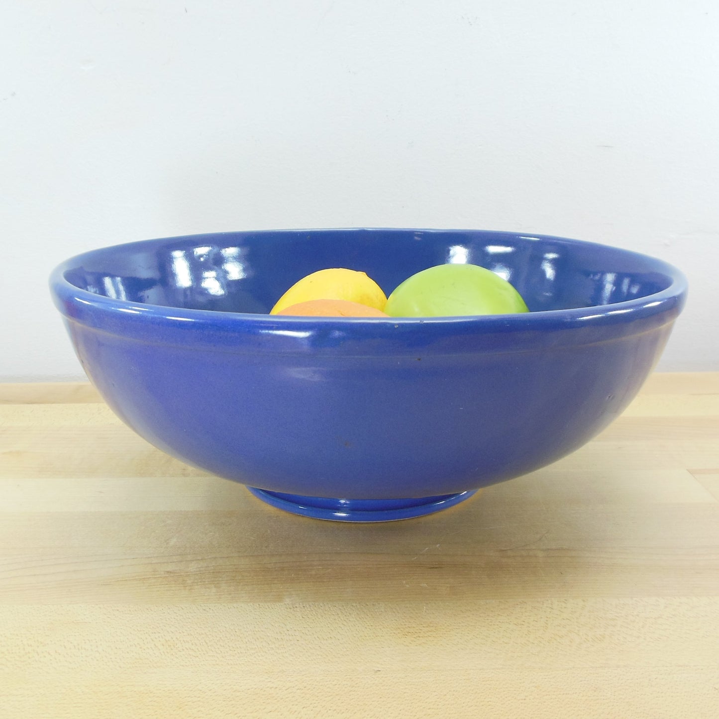 Unmarked Maker 11" Large Blue Pottery Fruit Salad Serving Footed Bowl
