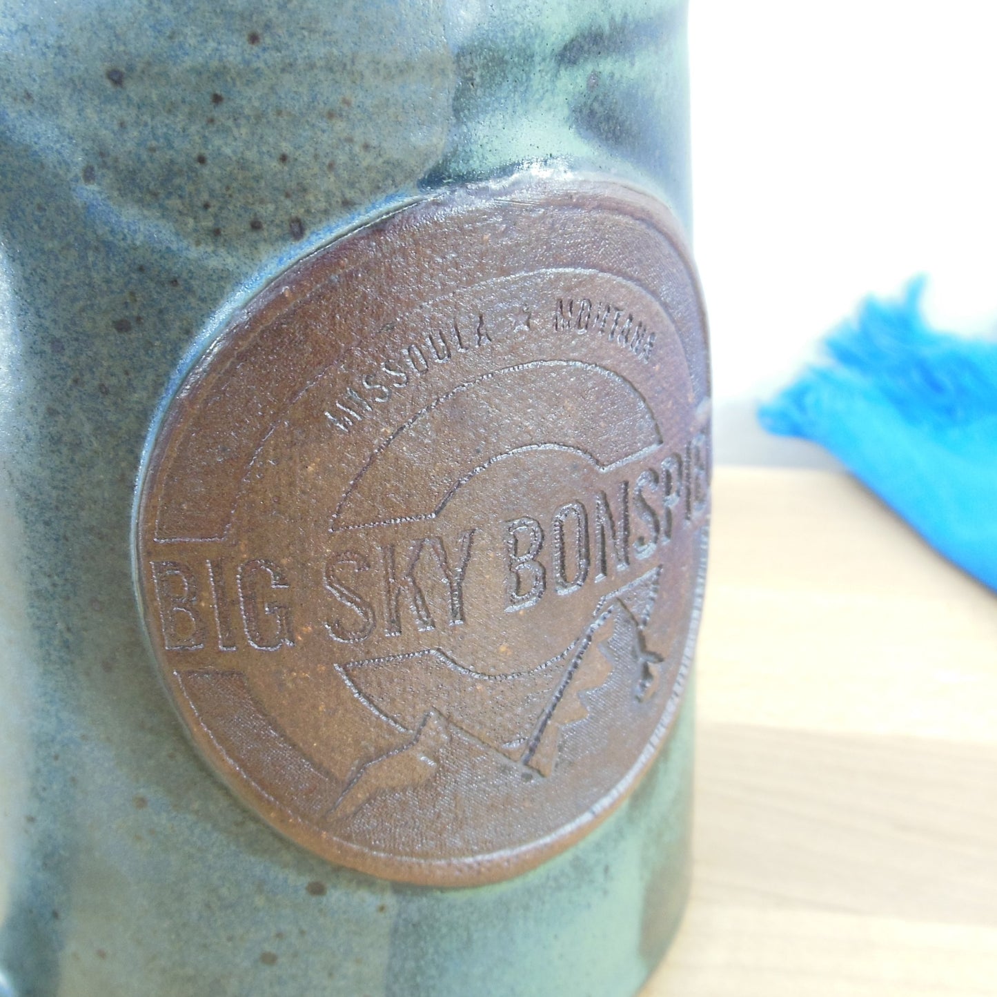 Big Sky Bonspiel Missoula Montana Stoneware Pottery Mug Curling Blue Green