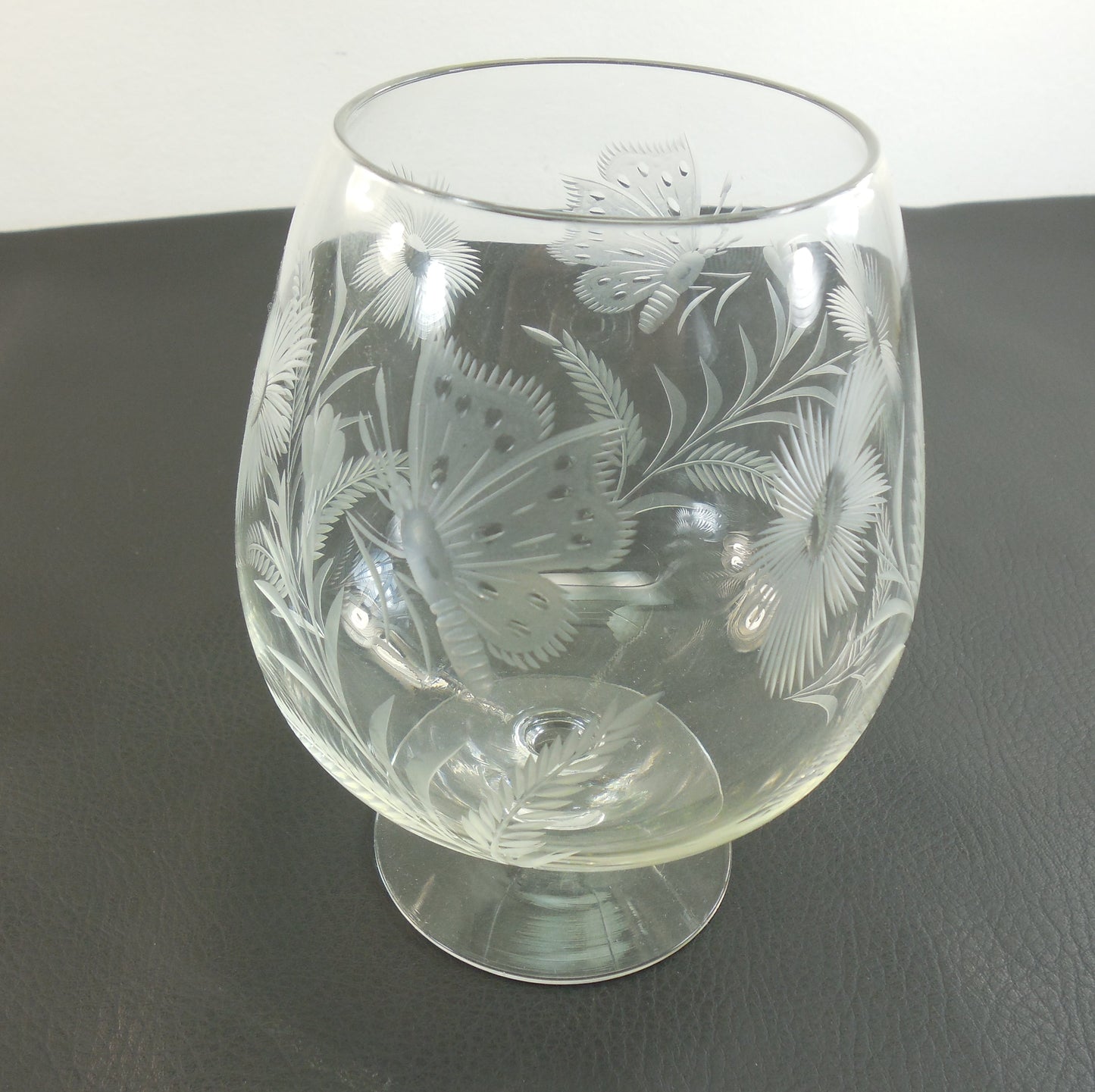Brandy Snifter Clear Cut Glass 6" - Butterfly Flower Floral - Vintage Mid Century