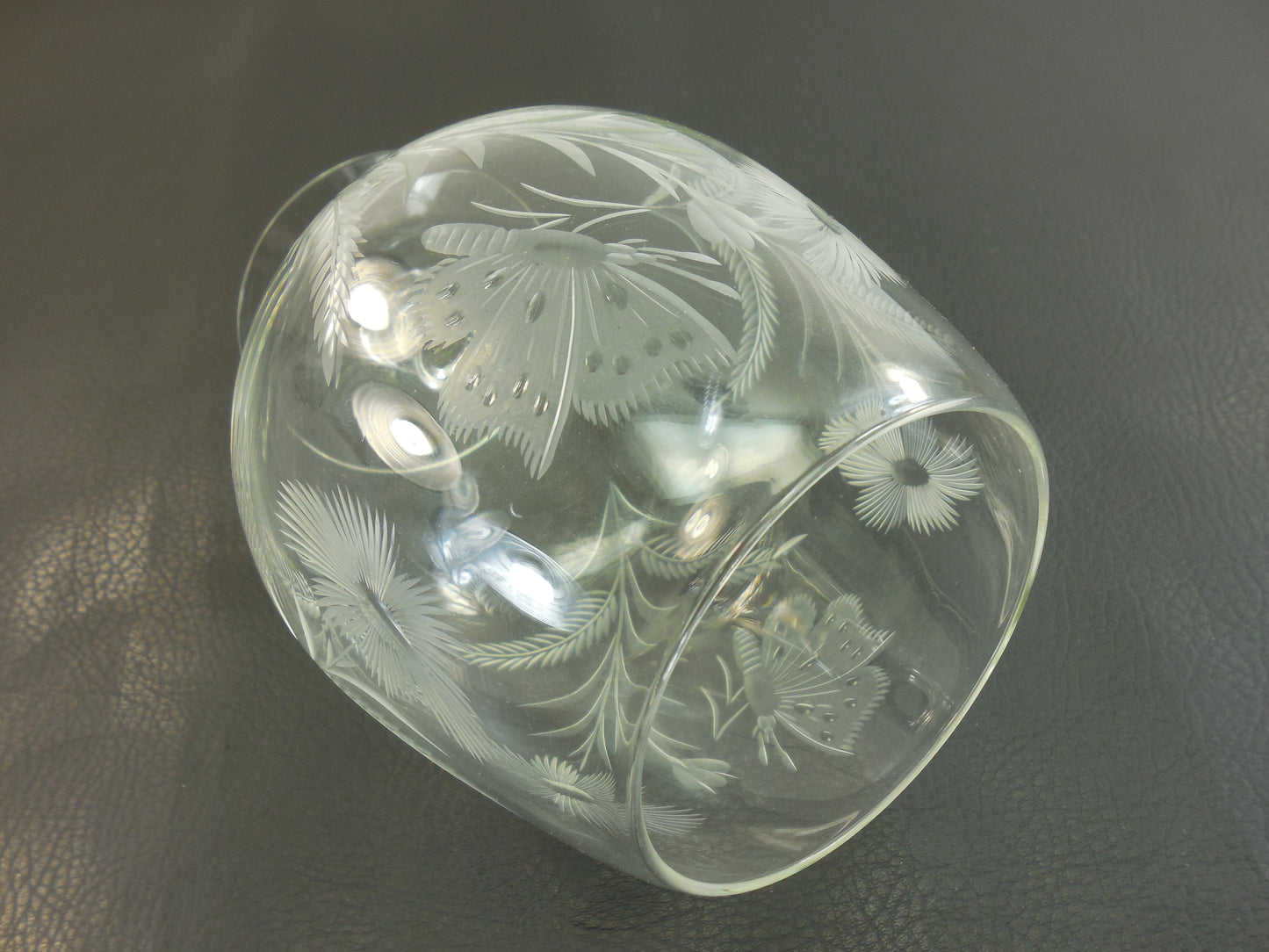 Brandy Snifter Clear Cut Glass 6" - Butterfly Flower Floral - Vintage Mid Century... 28 ounce