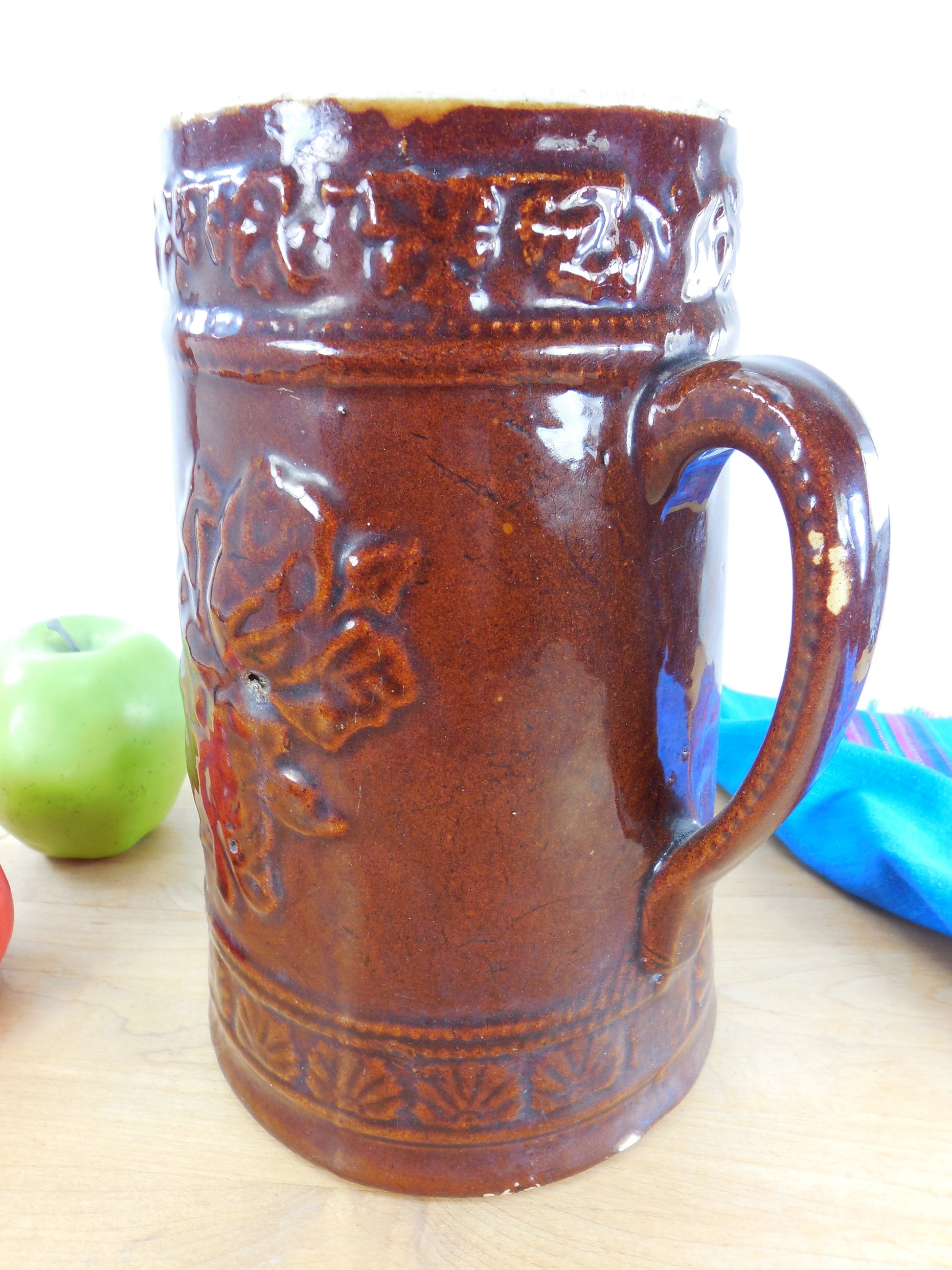 Antique Stoneware 9" Pottery Pitcher - Brown American Beauty Rose Antique