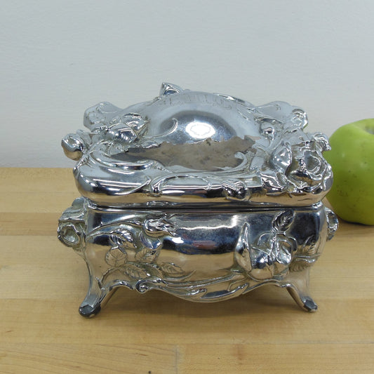 Weidlich Bros. Mfg. Antique Silverplate Jewelry Trinket Box Chest Roses