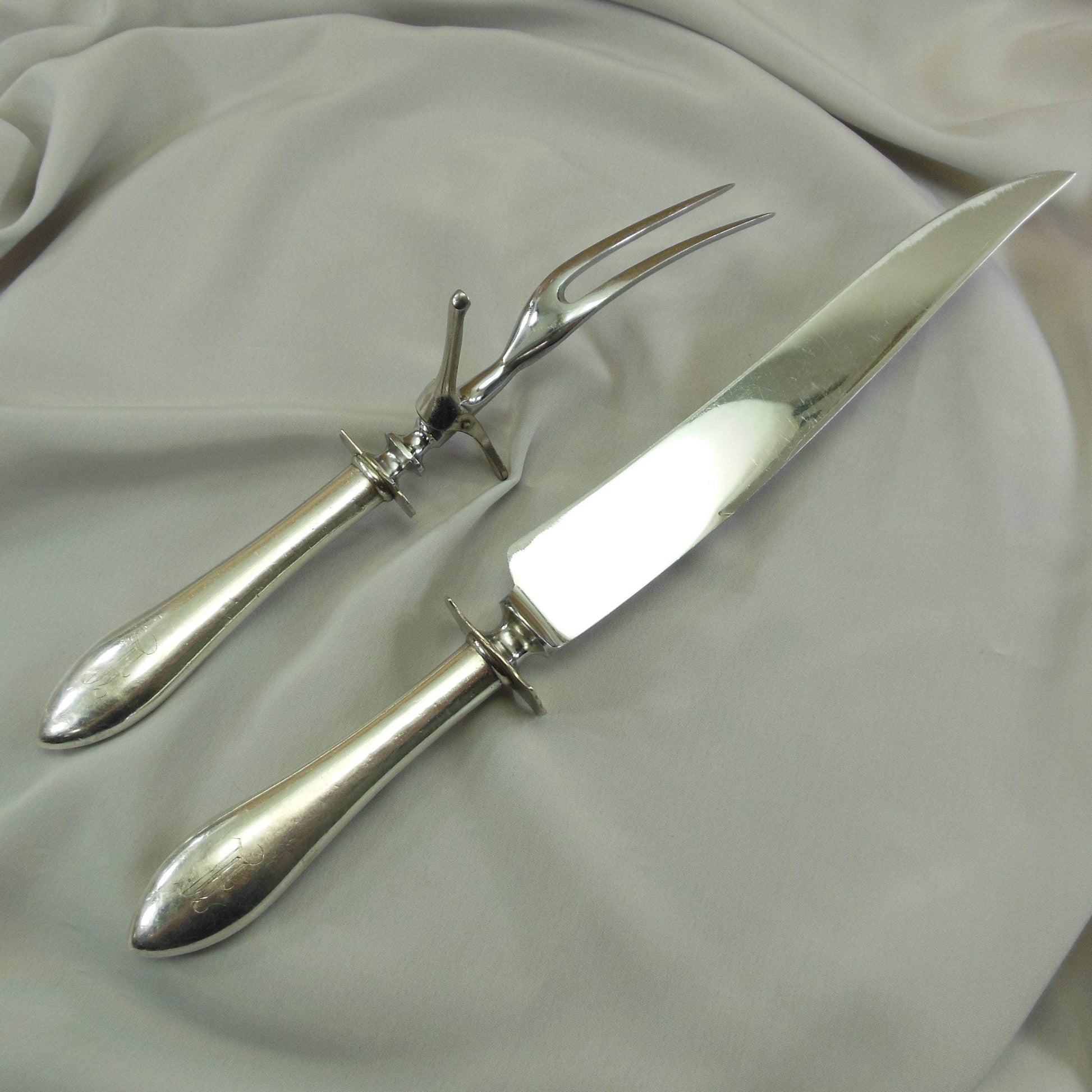 Unmarked Maker Antique Sterling Silver Handle Stainless Knife/Fork Carving Set