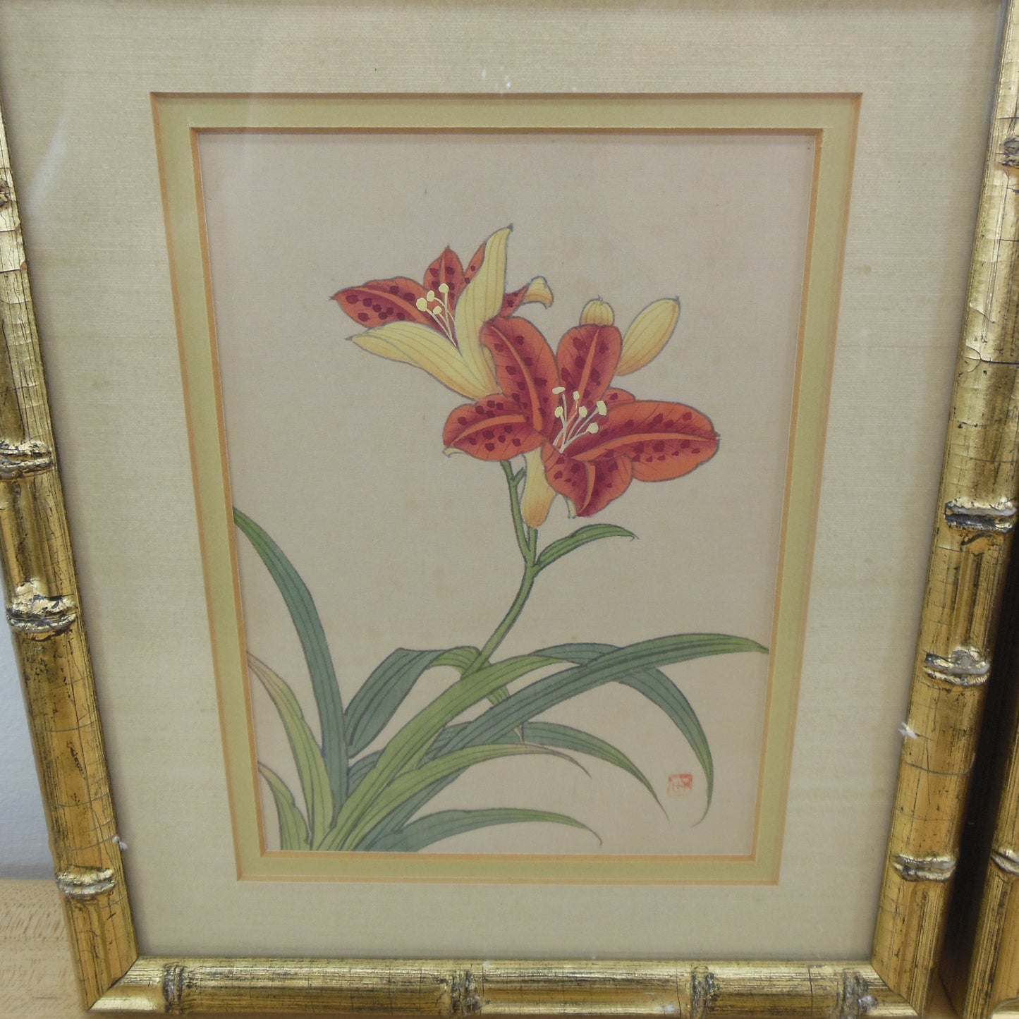 Asian Silk Painting Pair Flowers Bee Artist Signed Stamp Mark 1980's
