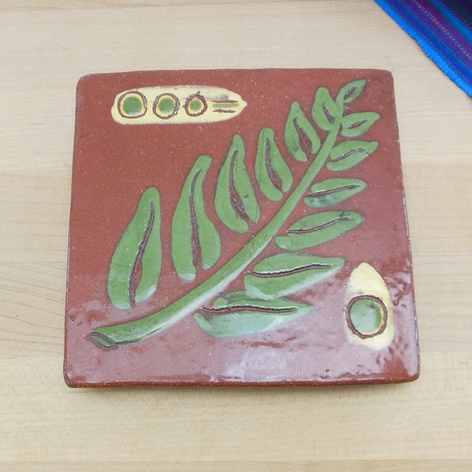 Celette Signed 1956 Red Clay Pottery Art Tile Fern 5.5"