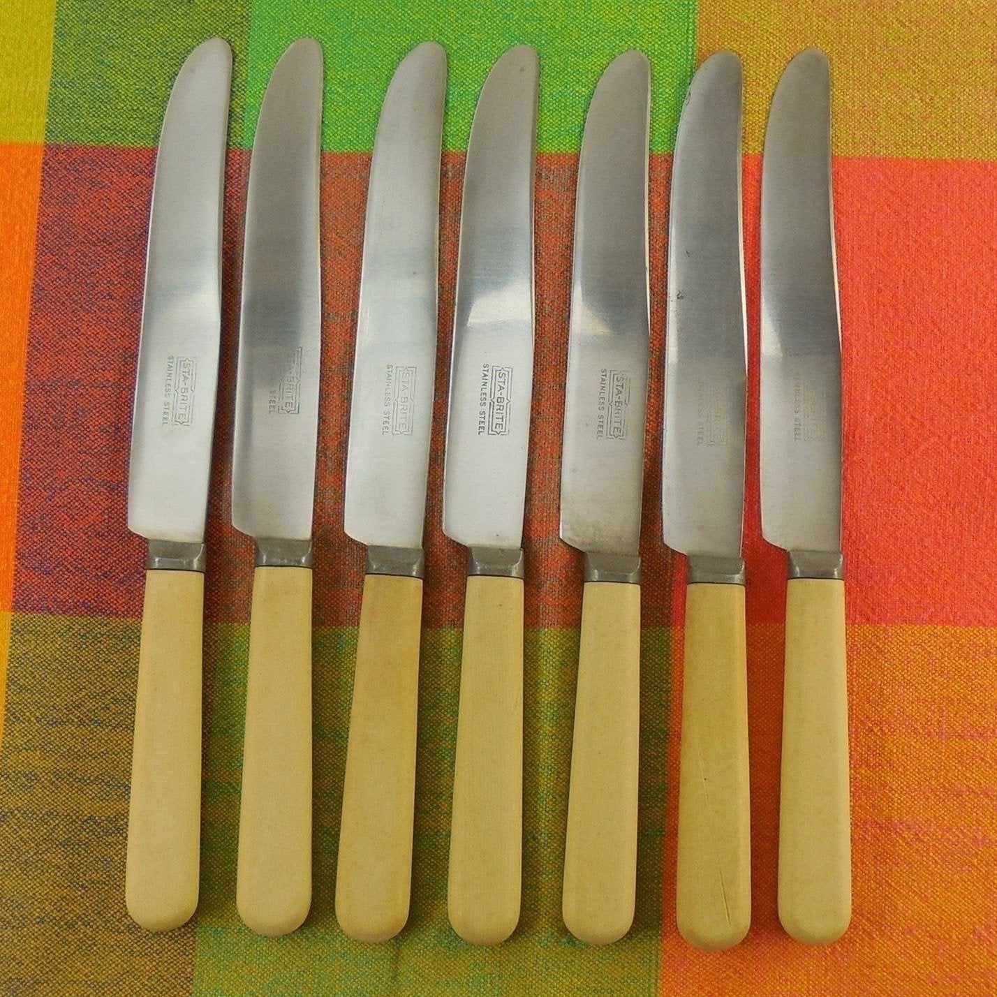 Celluloid Handle Dinner Knives 7 Set - Sta-Brite - Stainless & French Ivory Vintage Used