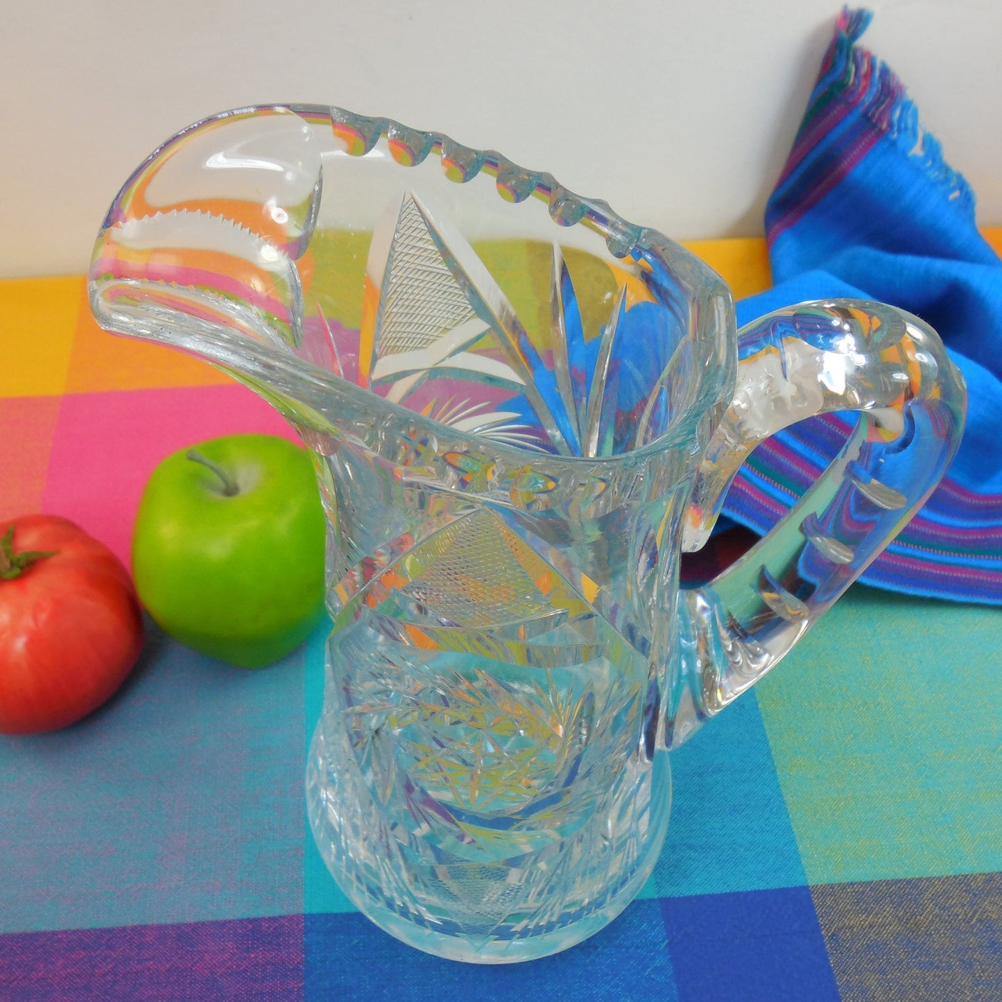 ABP American Brilliant Cut Glass Water Pitcher - Pinwheels Starburst 10" Scalloped Rim