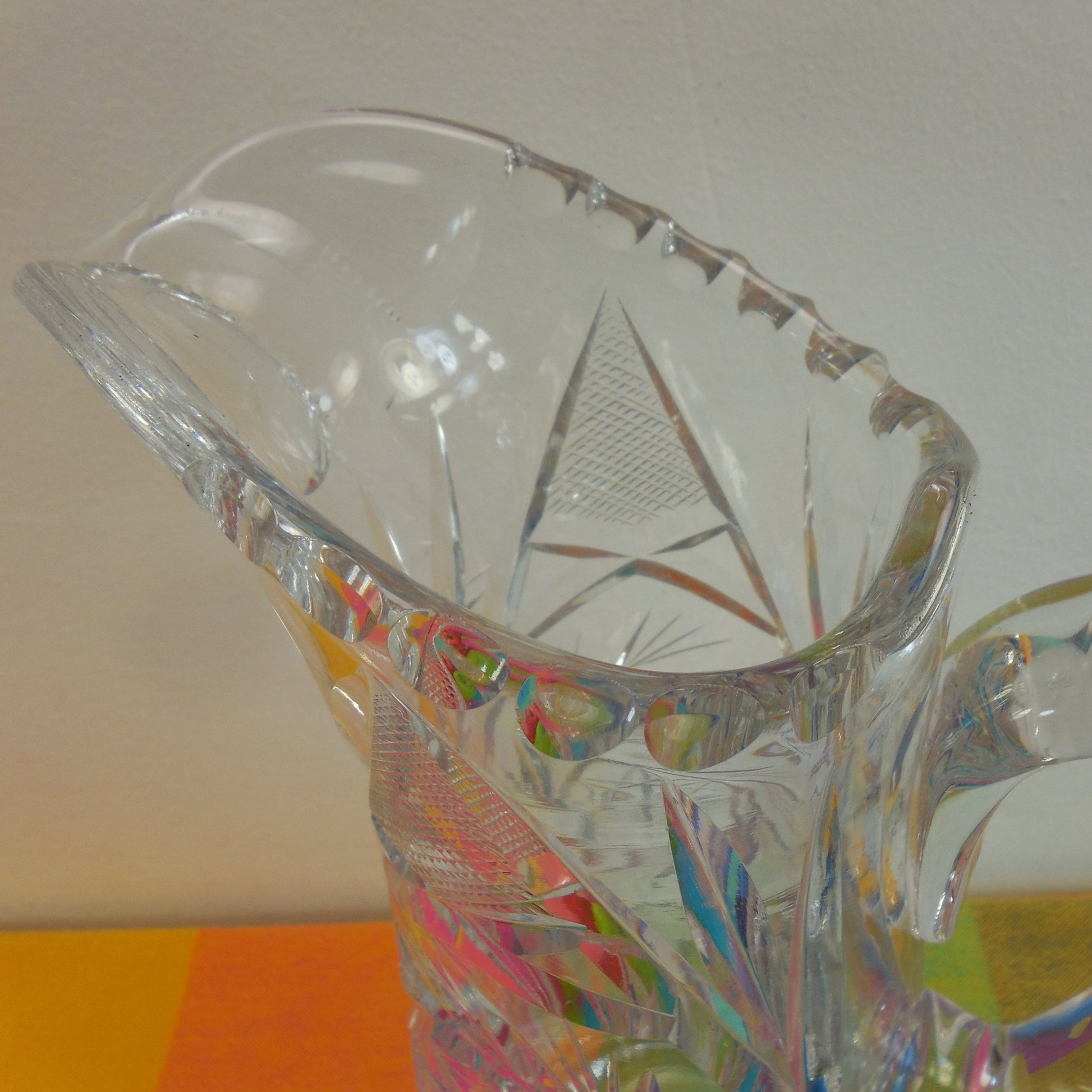 ABP American Brilliant Cut Glass Water Pitcher - Pinwheels Starburst 10" Antique