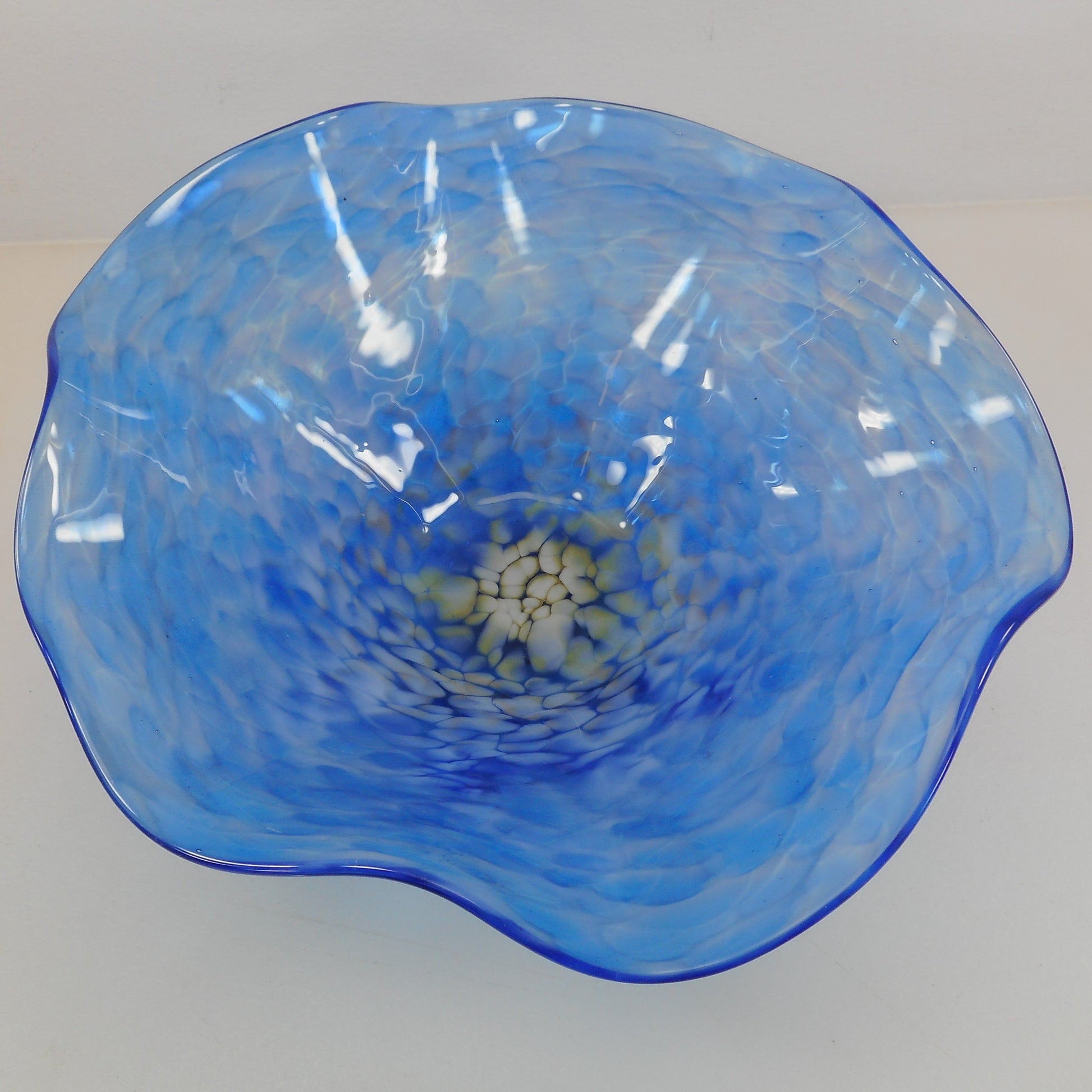 Chad Moriarty Signed Blown Art Glass Bowl 9" - Blue Yellow White Ruffled