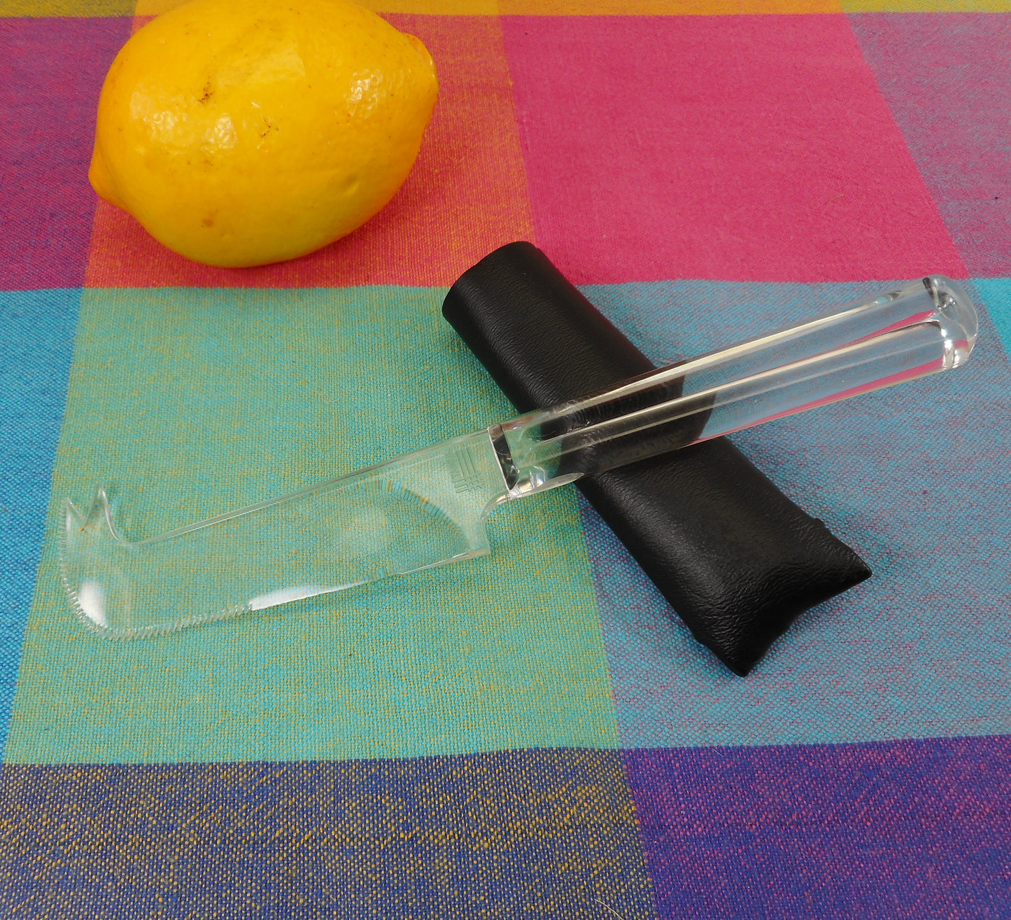 Modern Clear Acrylic Plastic Cheese Serving Knife wt Sleeve Taiwan Vintage