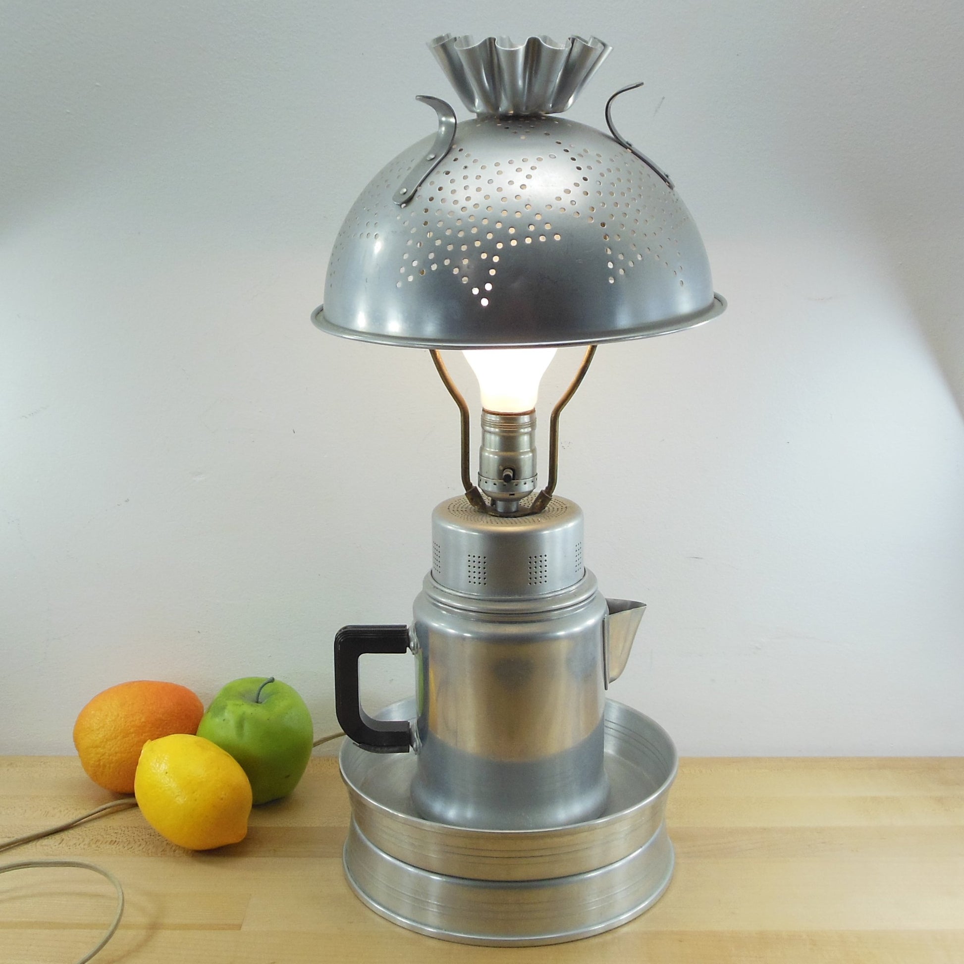 Folk Art Lamp Aluminum Kitchen Ware Coffee Pot Colander Shade