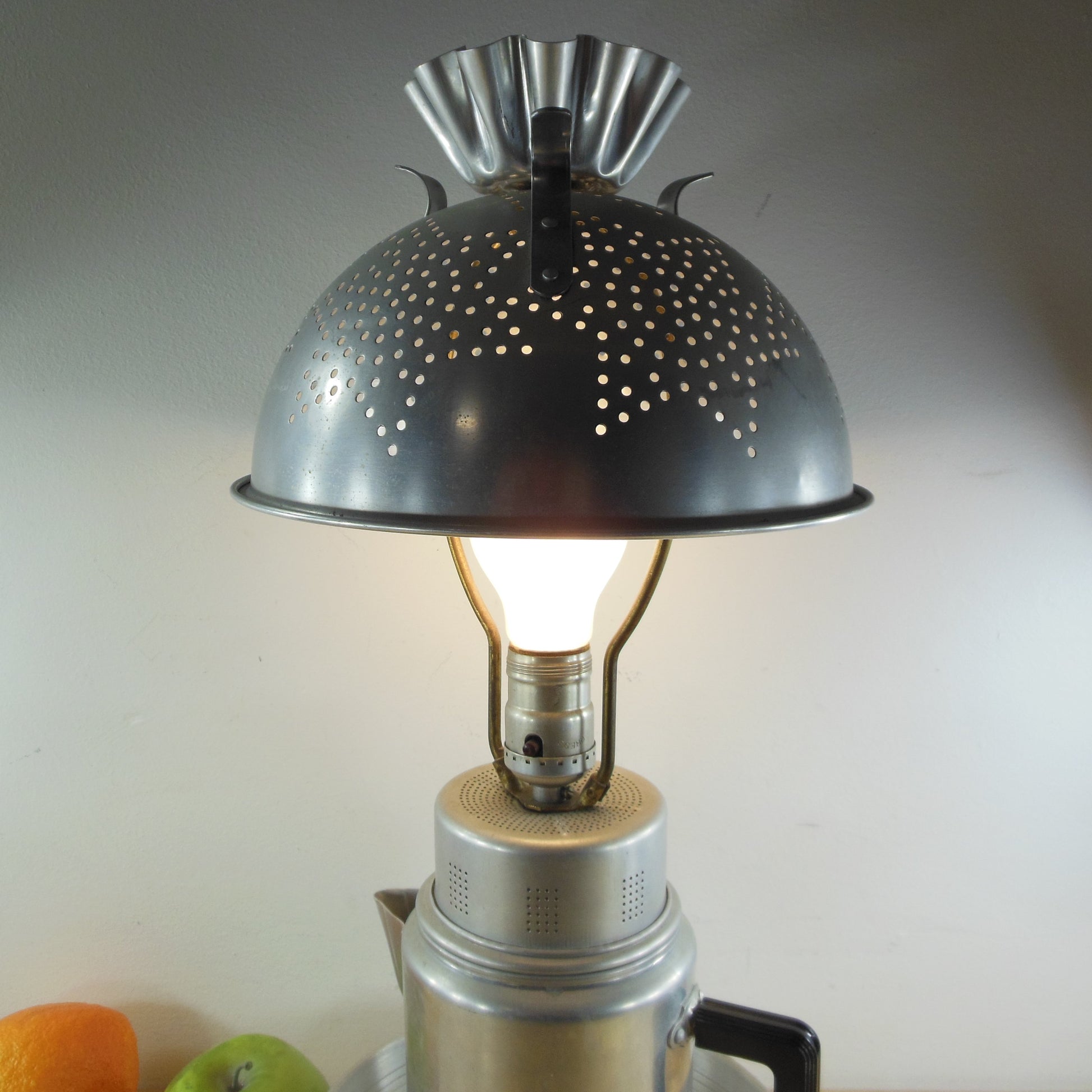 Folk Art Lamp Aluminum Kitchen Ware Coffee Pot Colander Shade 1960's
