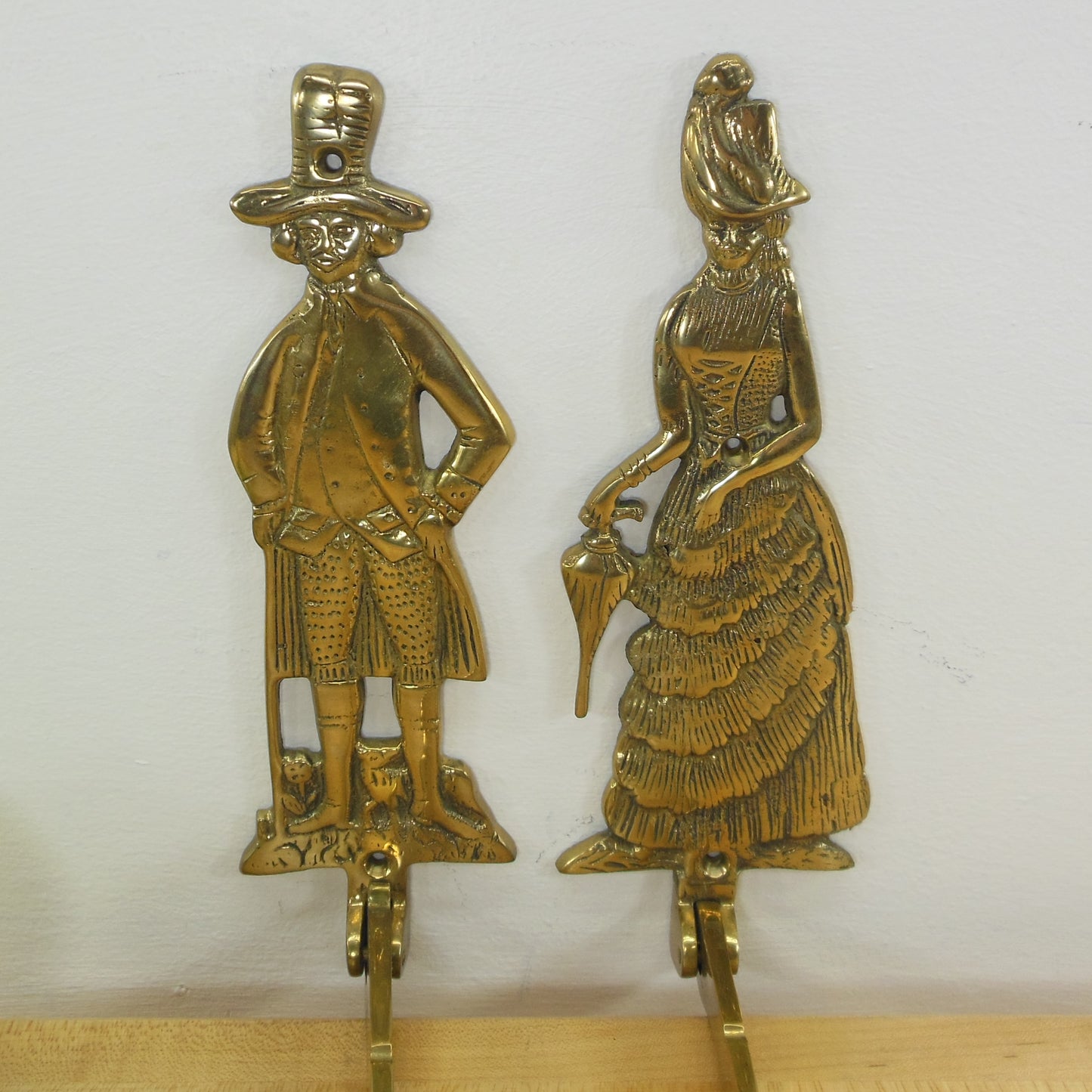 Colonial Woman Man Pair Brass Wall Mount Clothes Hanger Rack Vintage