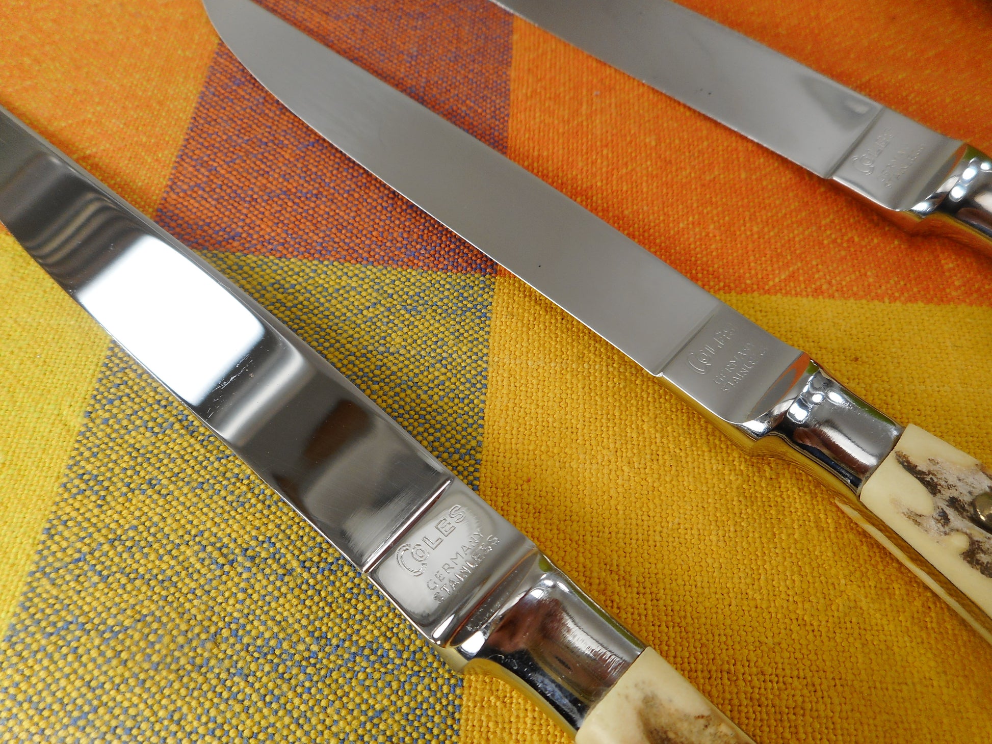 Coles Germany Stainless 3 Set Steak Knives Stag Bone Antler Handles Used