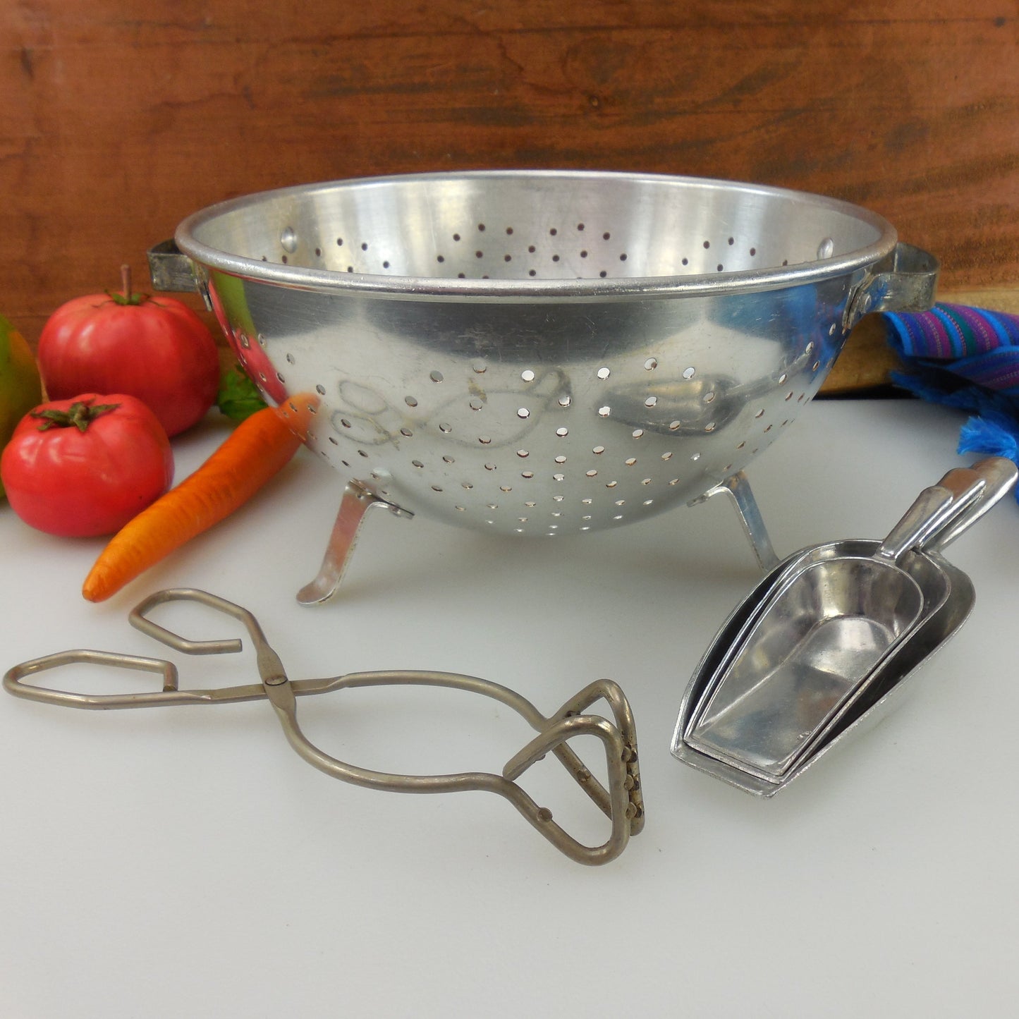 Kitchen Tool Lot Polished Aluminum 9" Colander, 3 Scoops, Tongs England
