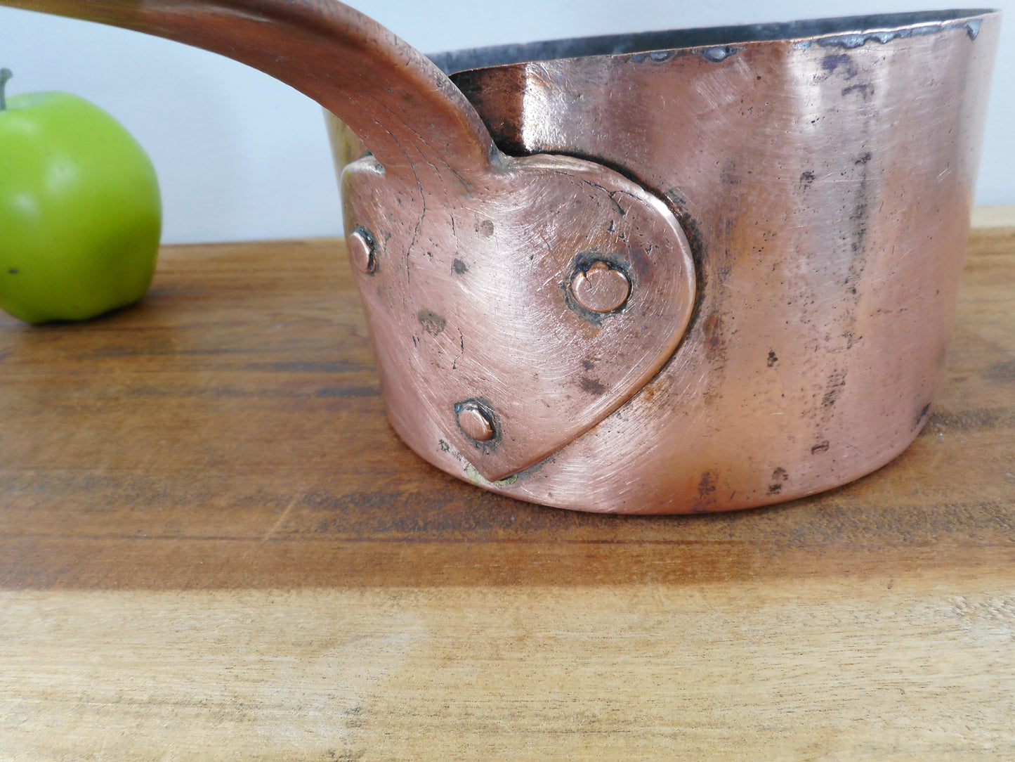 Antique Copper Tinned 1-1/2 Quart Saucepan Brass Dovetail Owner Marks Heart Copper Handle
