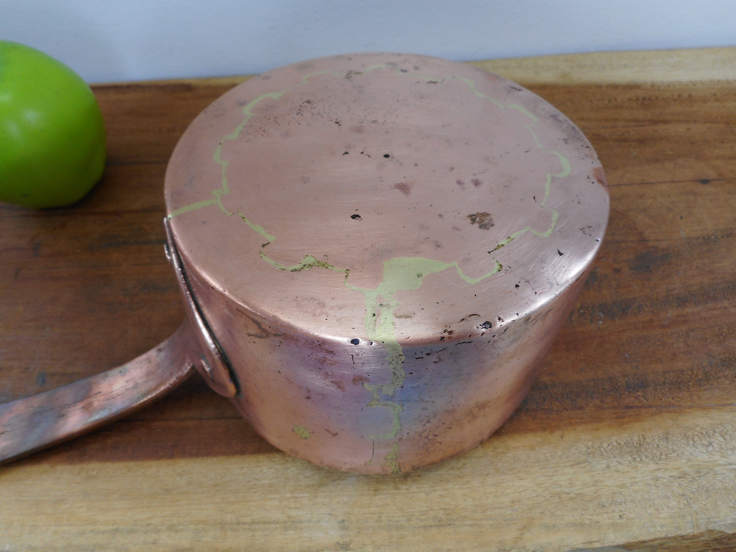 Antique Copper Tinned 1-1/2 Quart Saucepan Heart Hand Brass Dovetail Owner Marks Letters Initials L G