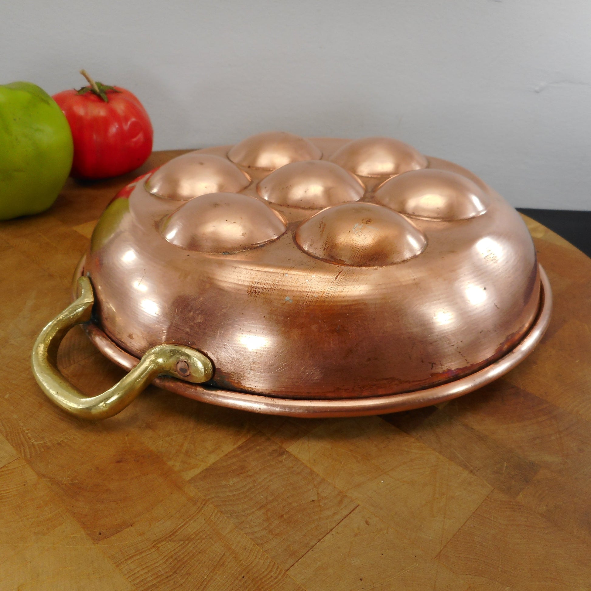 Unbranded Tinned Copper Escargot Aebelskiver Dumpling Pan Brass Handles Vintage