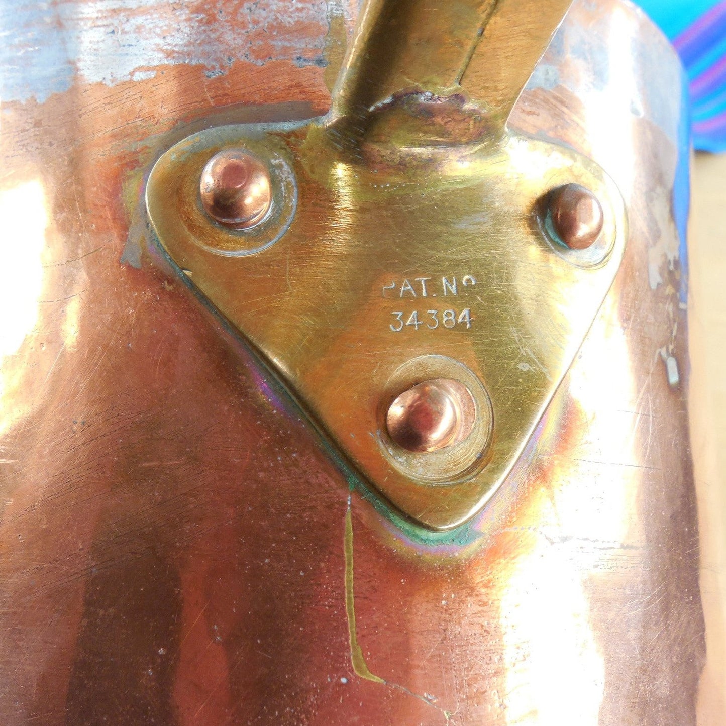 Antique Pat 34384 English? - 1.7 Qt - Dovetailed Hammered Copper Tin Pot Saucepan Handle