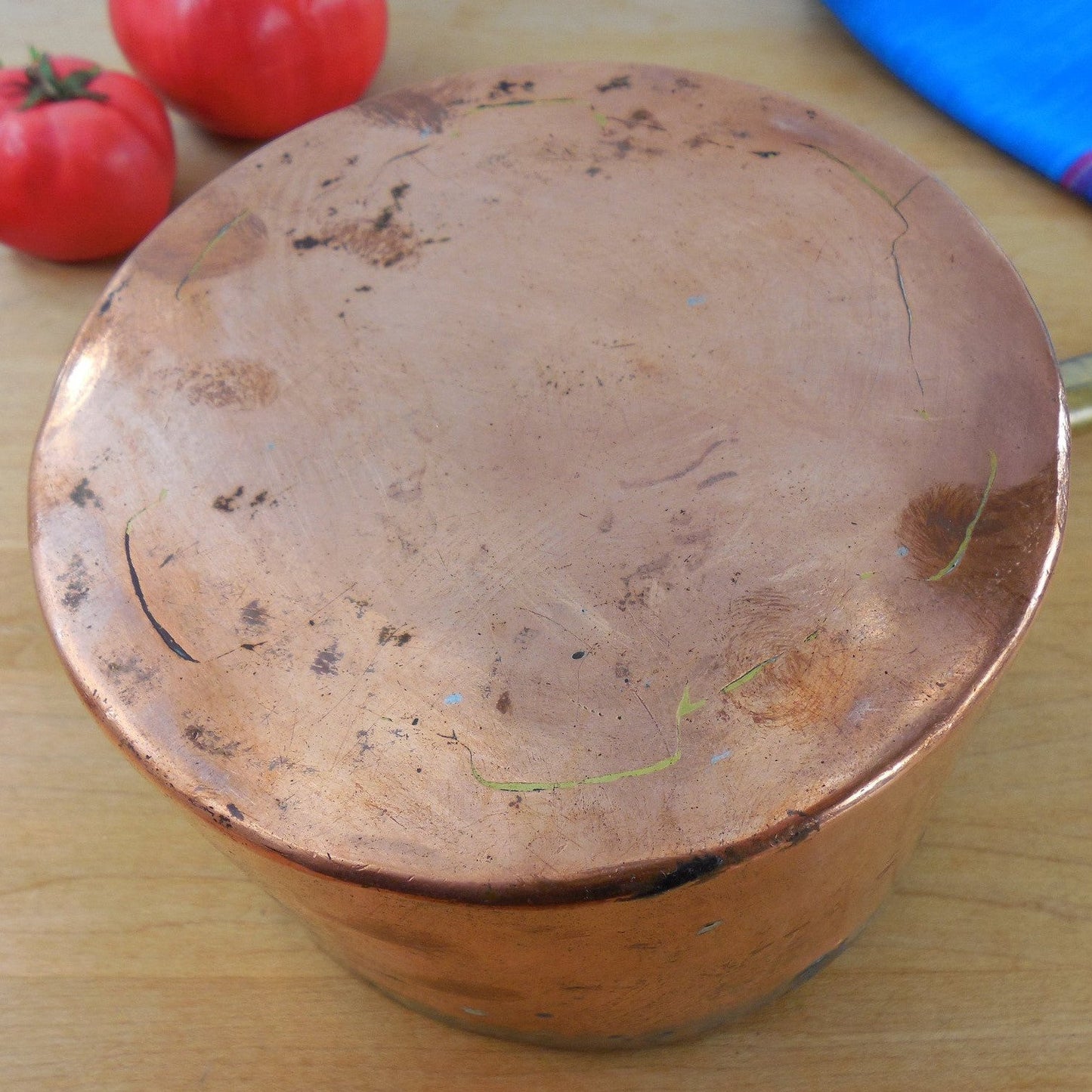 Antique Pat 34384 English? - 1.7 Qt - Dovetailed Hammered Copper Tin Pot Saucepan Vintage Bottom 2