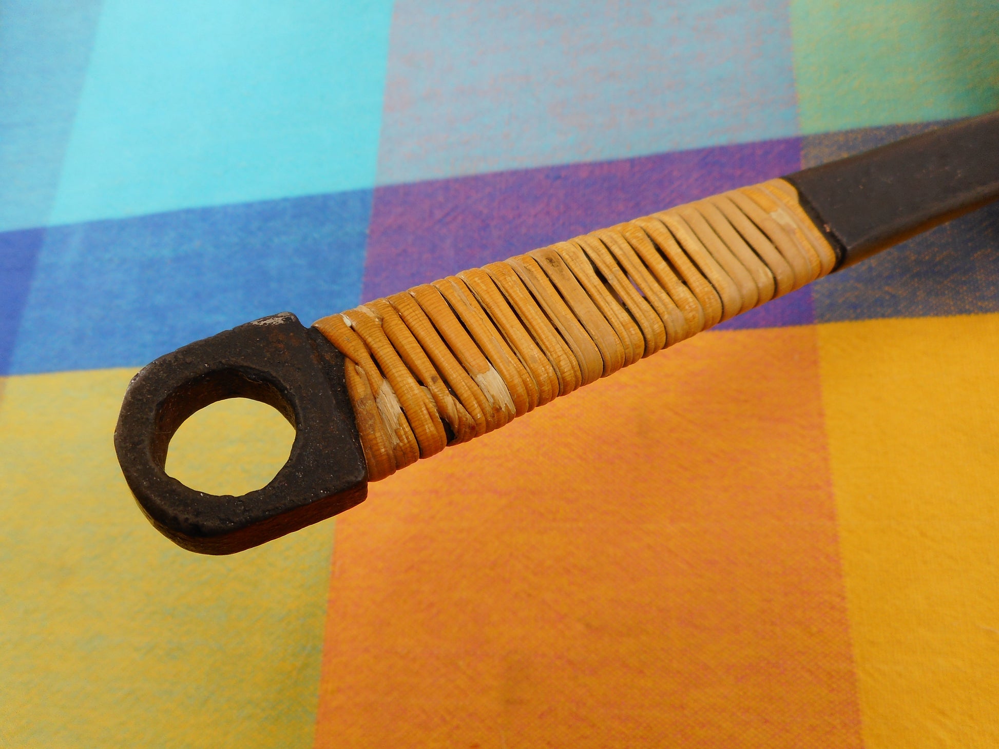 Unbranded Vintage Copper Skillet Tin Lined - Cast Iron Wicker Raffia Weave Handle MCM