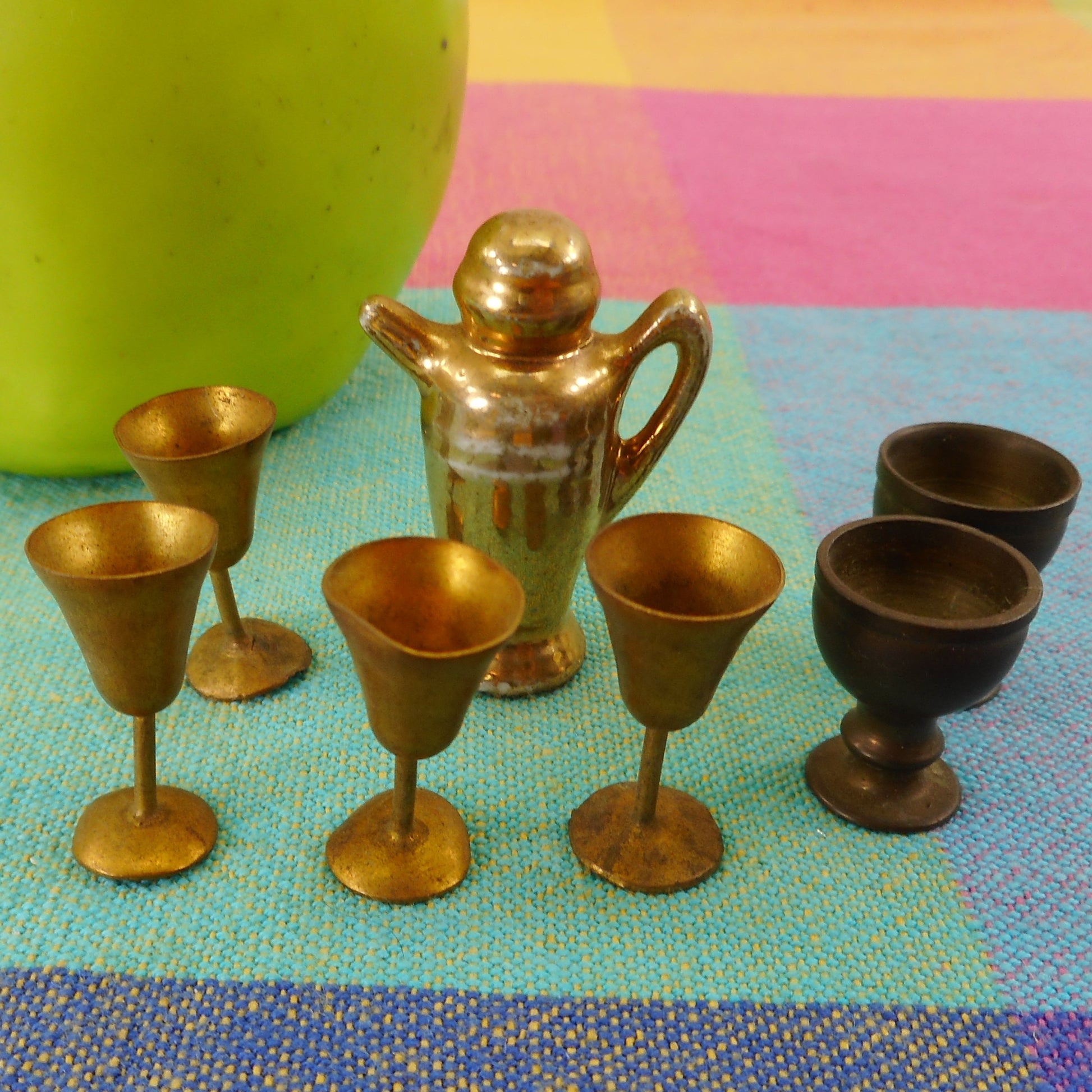 Miniature 1-1/2" Cocktail Shaker Japan & Brass Goblets - Toy Doll House
