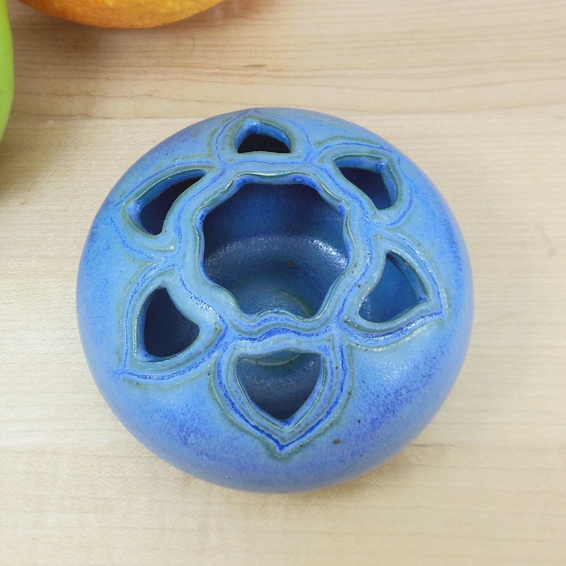 Cy Signed Small Blue Art Pottery Vase - Pierced Petal Flower Opening Vintage