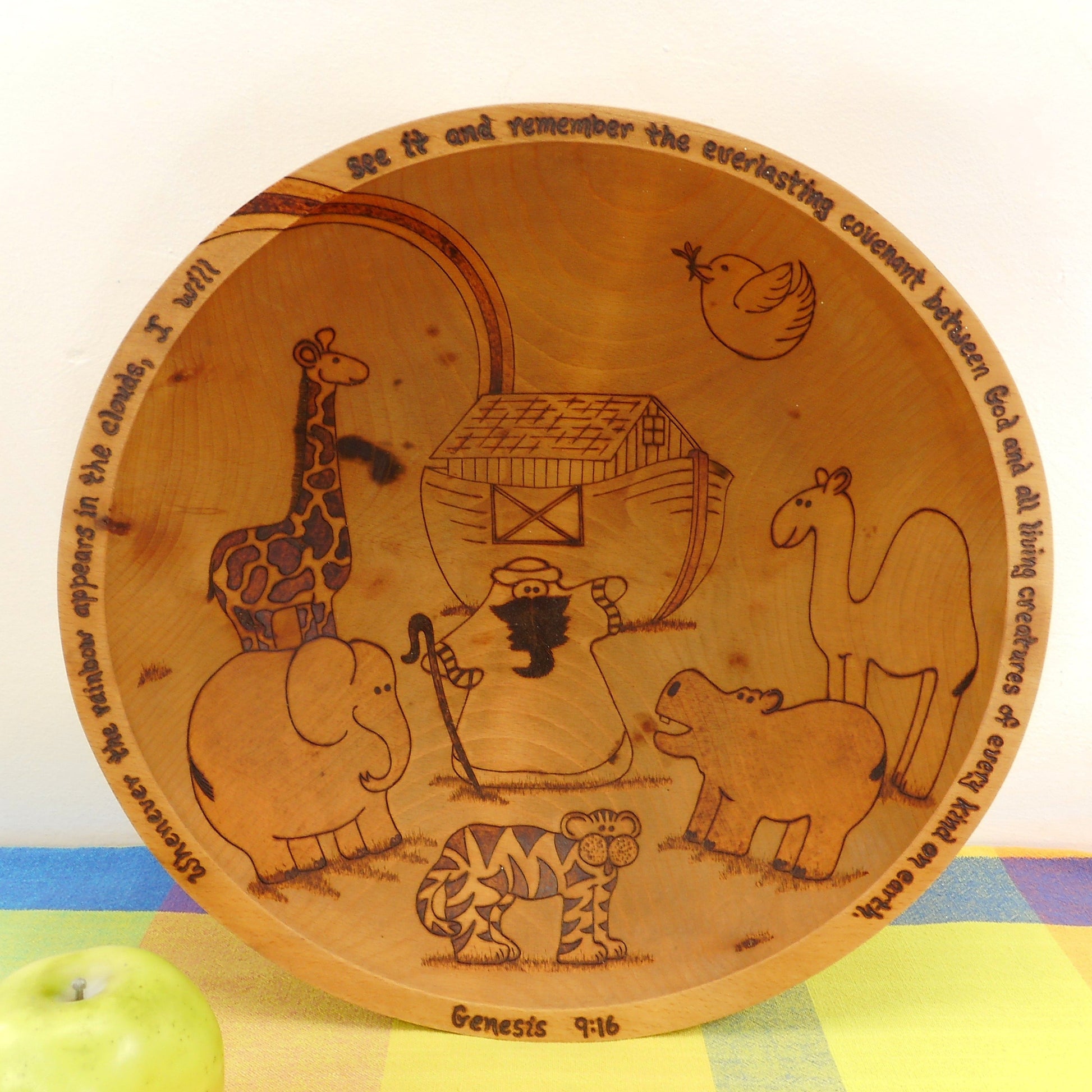 DW Delach Signed Pyrography Maple Wood Dough Bowl - Genesis 9:16 Noah's Ark