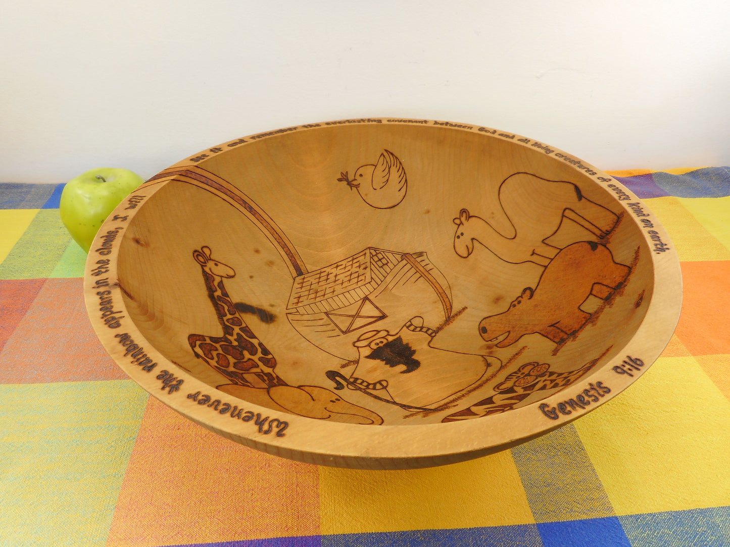 DW Delach Signed Pyrography Maple Wood Dough Bowl - Genesis 9:16 Noah's Ark Used