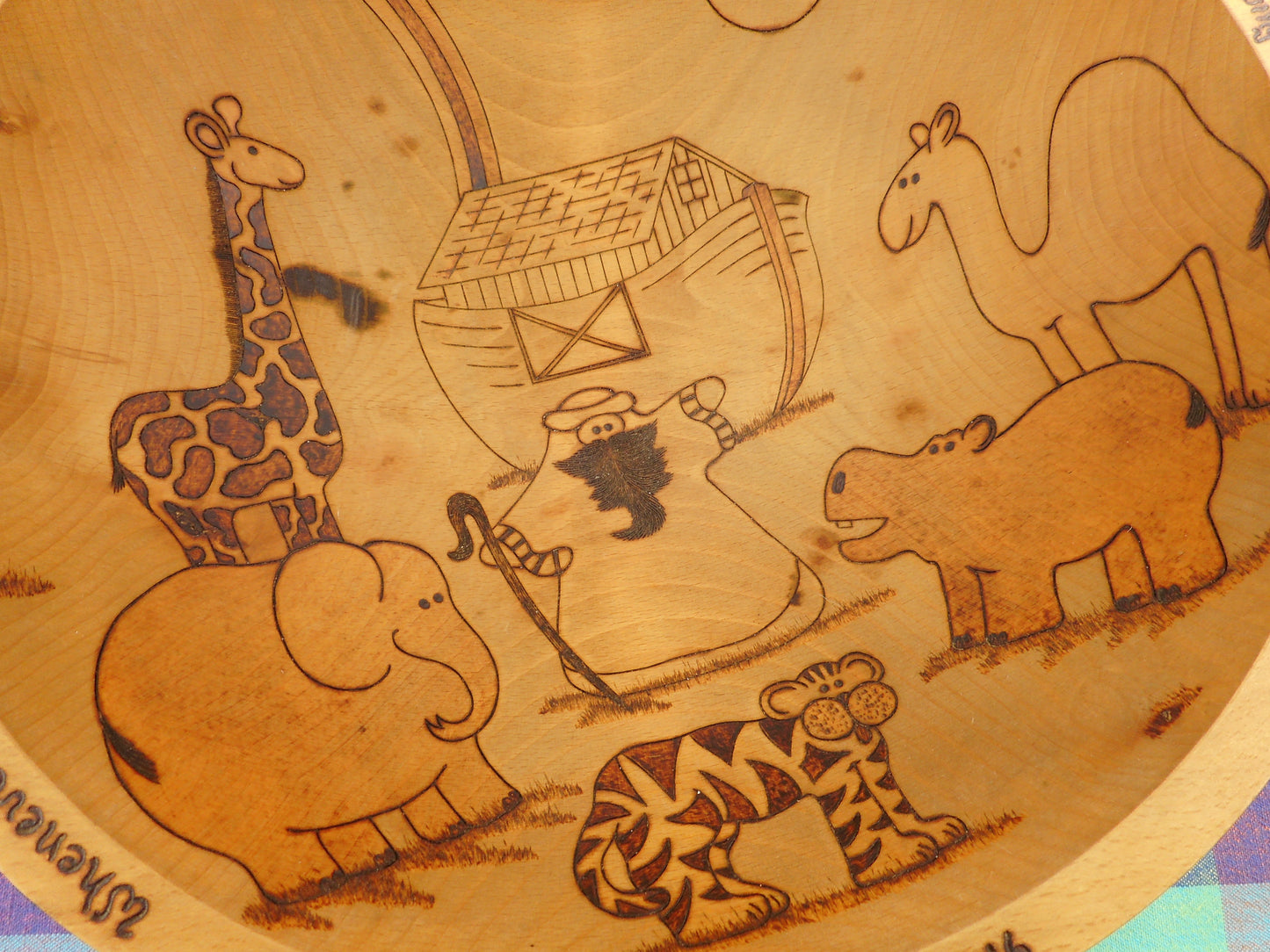 DW Delach Signed Pyrography Maple Wood Dough Bowl - Genesis 9:16 Noah's Ark Animals