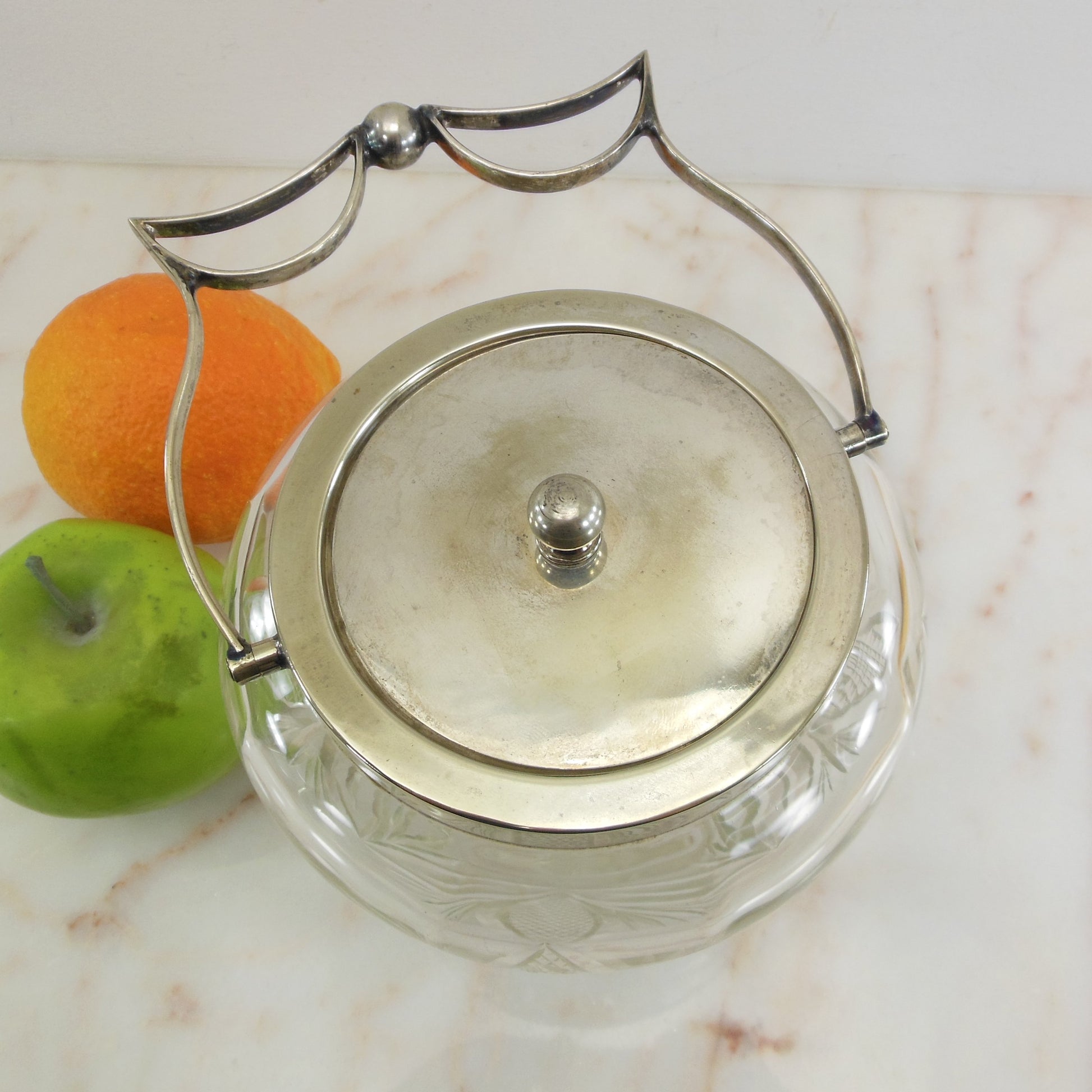 Deykin & Harrison England Silver Plate Thistle Cut Glass Biscuit Jar Handle