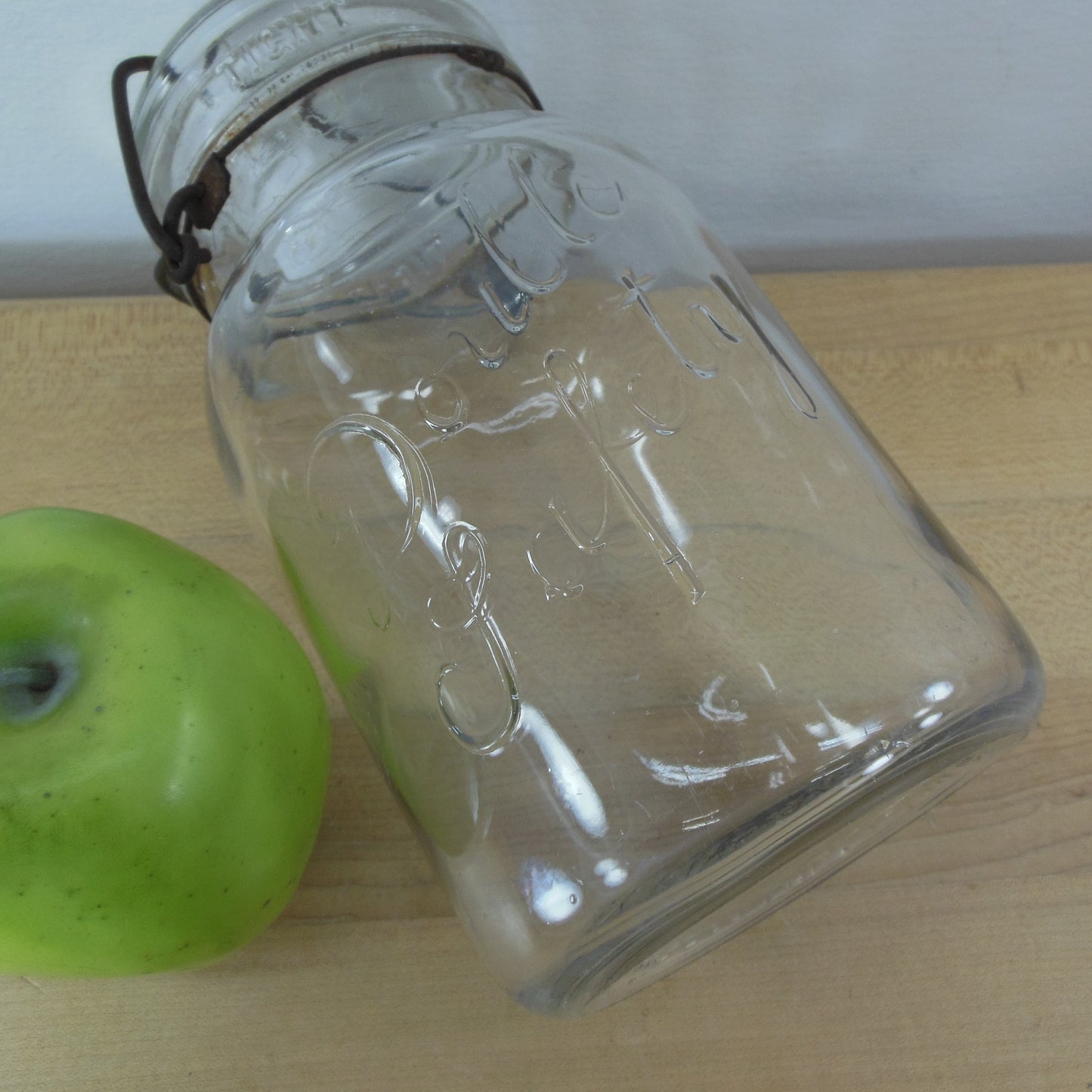 Kivlan Onthank Boston Double Safety 1 Quart Clear Glass Fruit Canning Jar Vintage Antique
