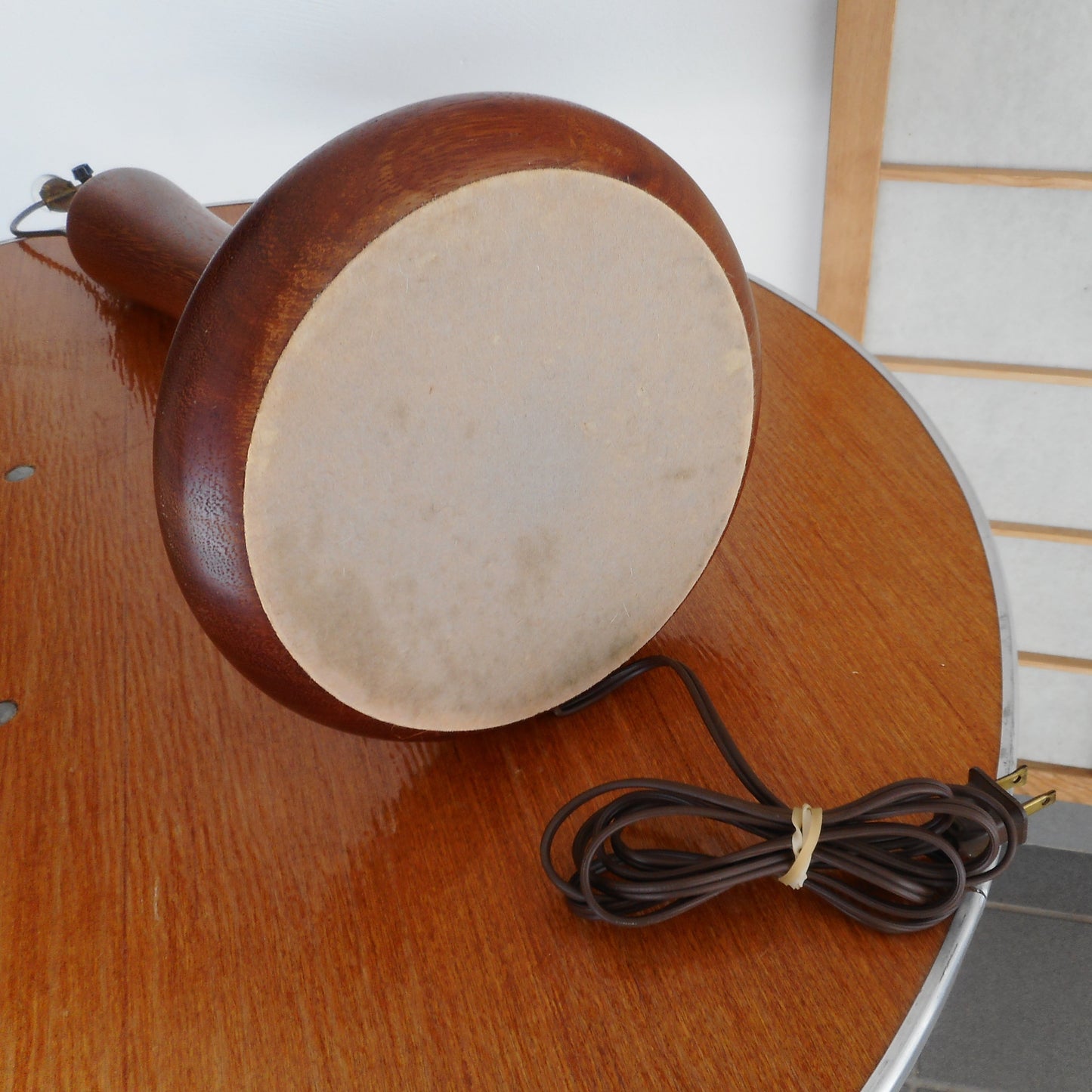 MCM Turned Teak Wood Table Lamp Mushroom Button Base felt