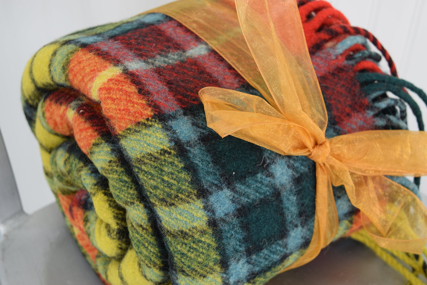 Providence Wool Fringed Throw IRELAND Yellow Orange Green Turquoise Blue Tartan Plaid Heavy